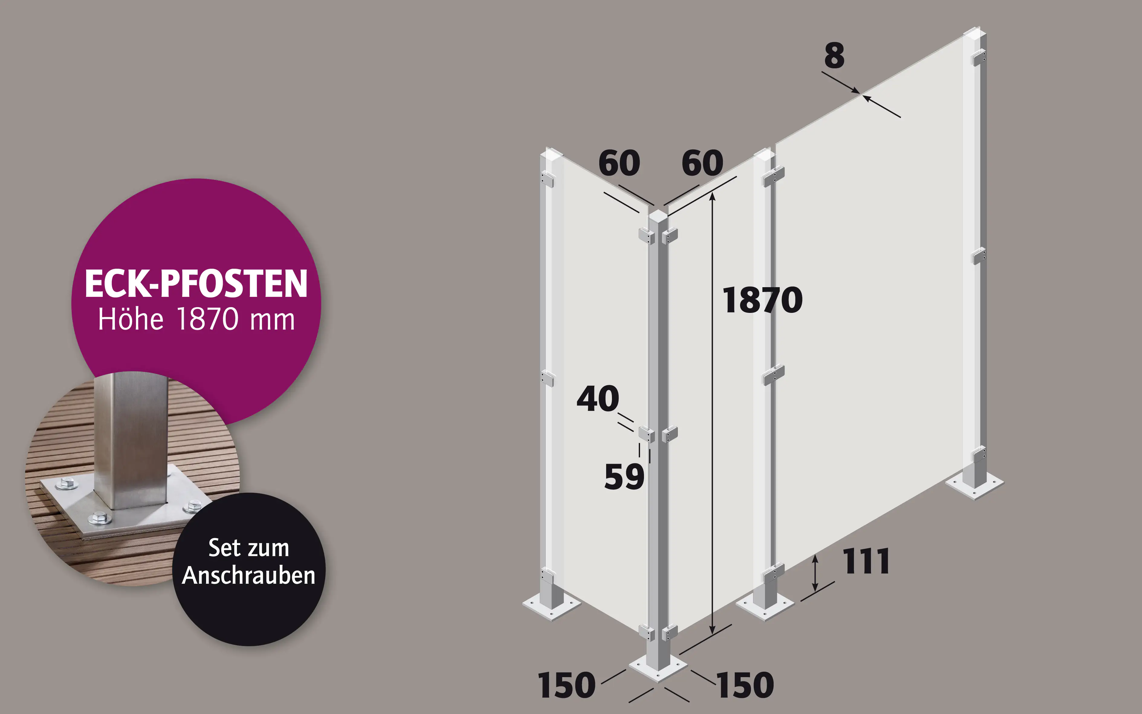 Ambiente Eckpfosten-Set zum ANSCHRAUBEN 187 cm, 60 x 60 mm, Edelstahl V2A