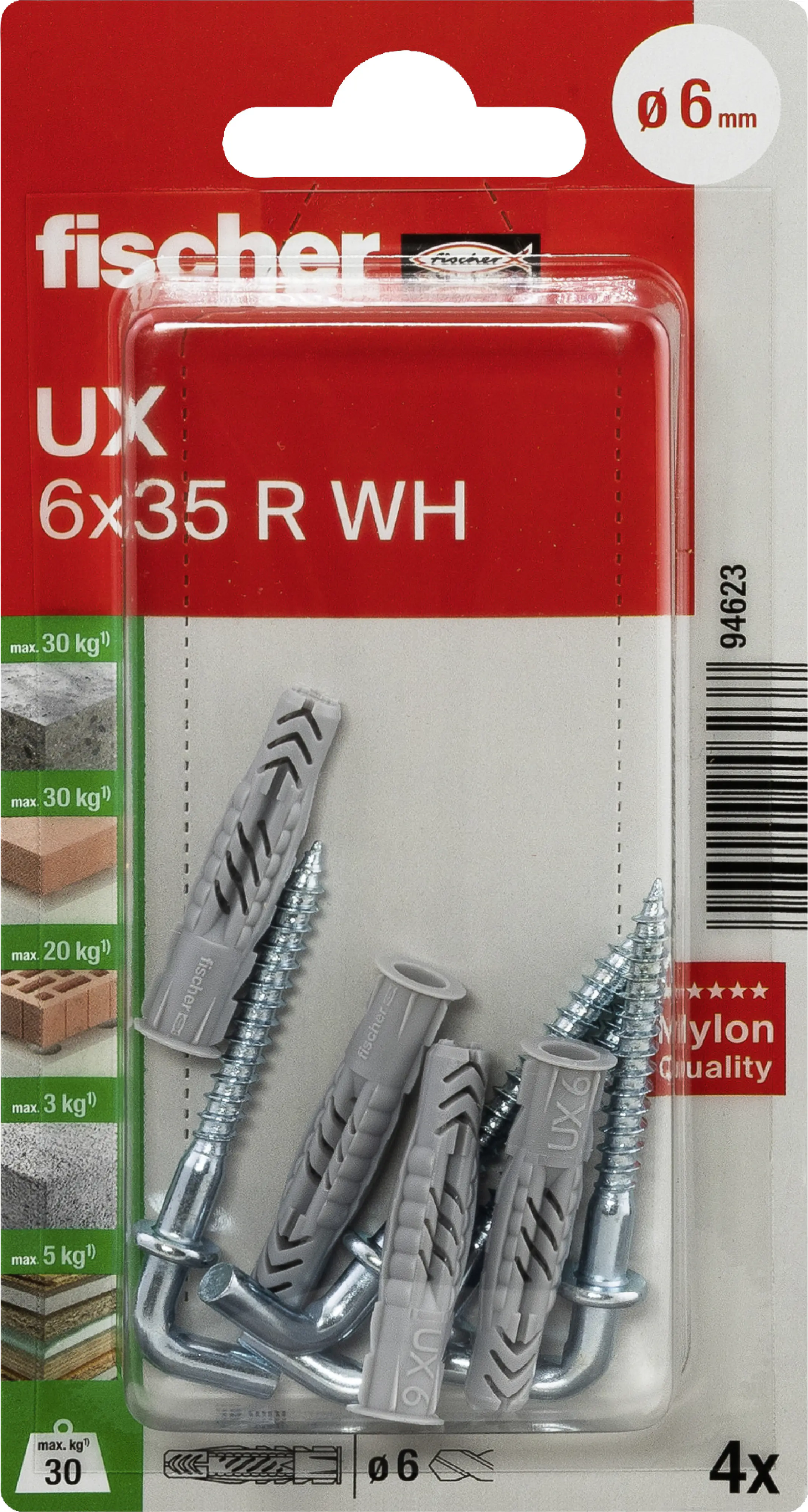 Fischer Universaldübel UX WH 6 x 35 mm mit Winkelhaken - 4 Stück