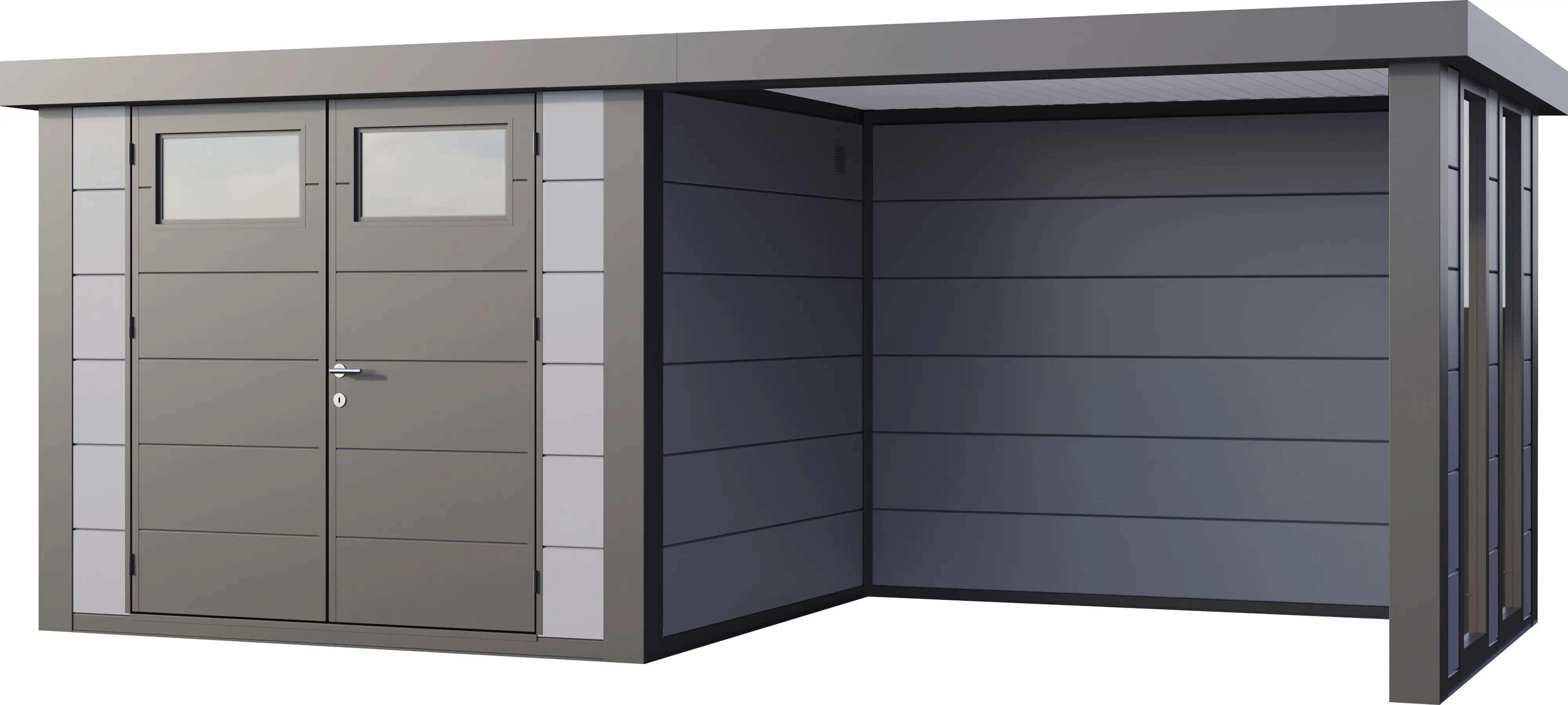 Telluria Gerätehaus Classico Lounge S mit Fenstern 2724 rechts lichtgrau 552 x 238 cm