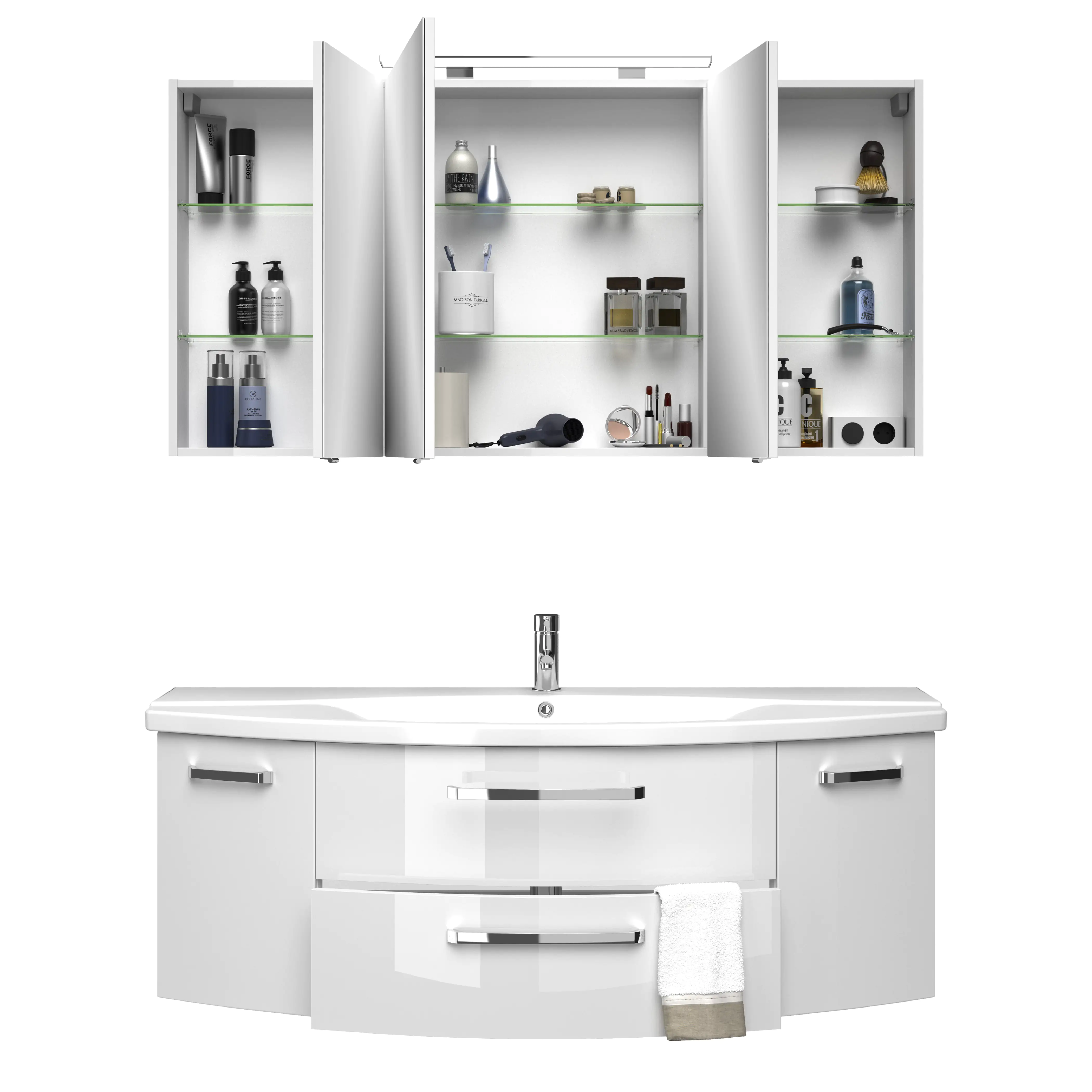 Pelipal Badmöbel-Set 4010 Weiß Hgl/Weiß Glanz mit Keramik-Waschtisch + LED-Leuchte 144 cm