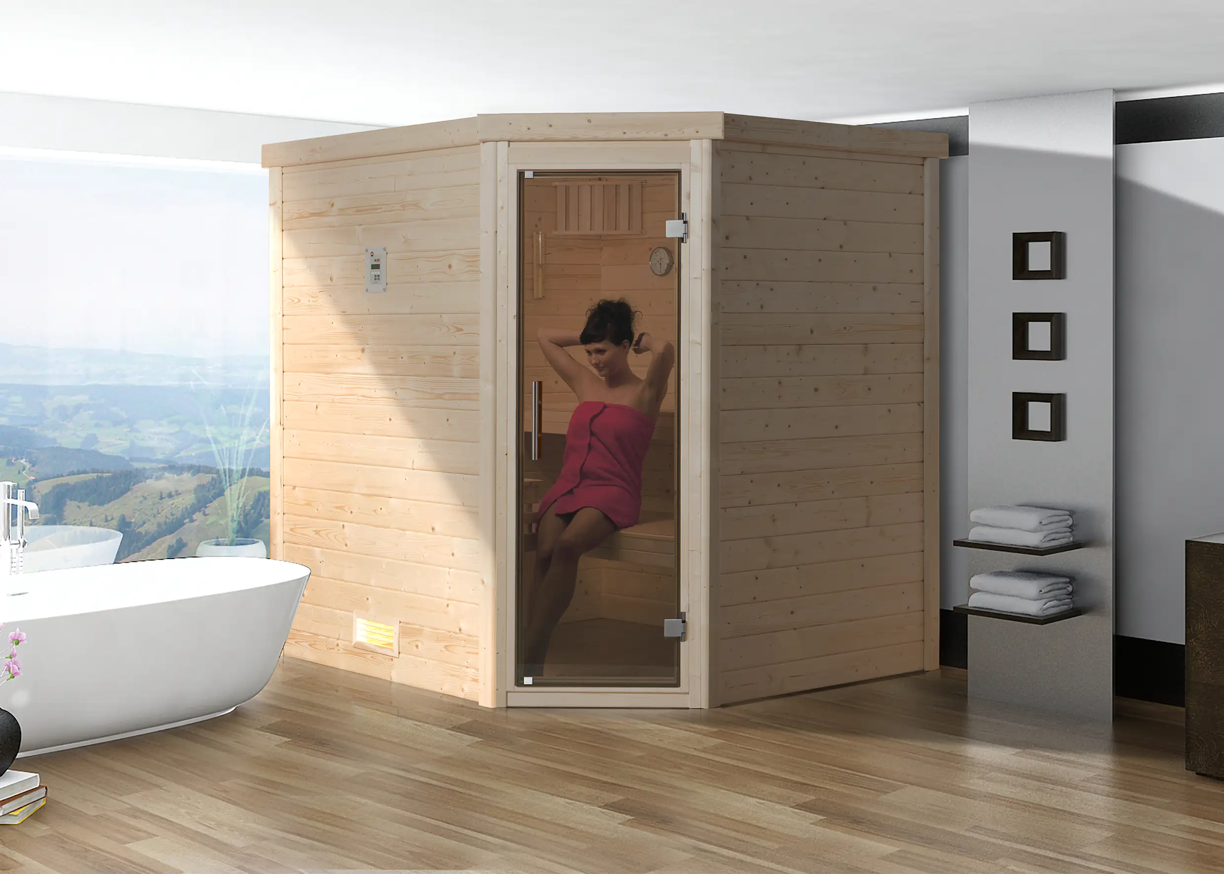 Weka Massivholzsauna Turku 1 mit Glastür mit Sparset 2