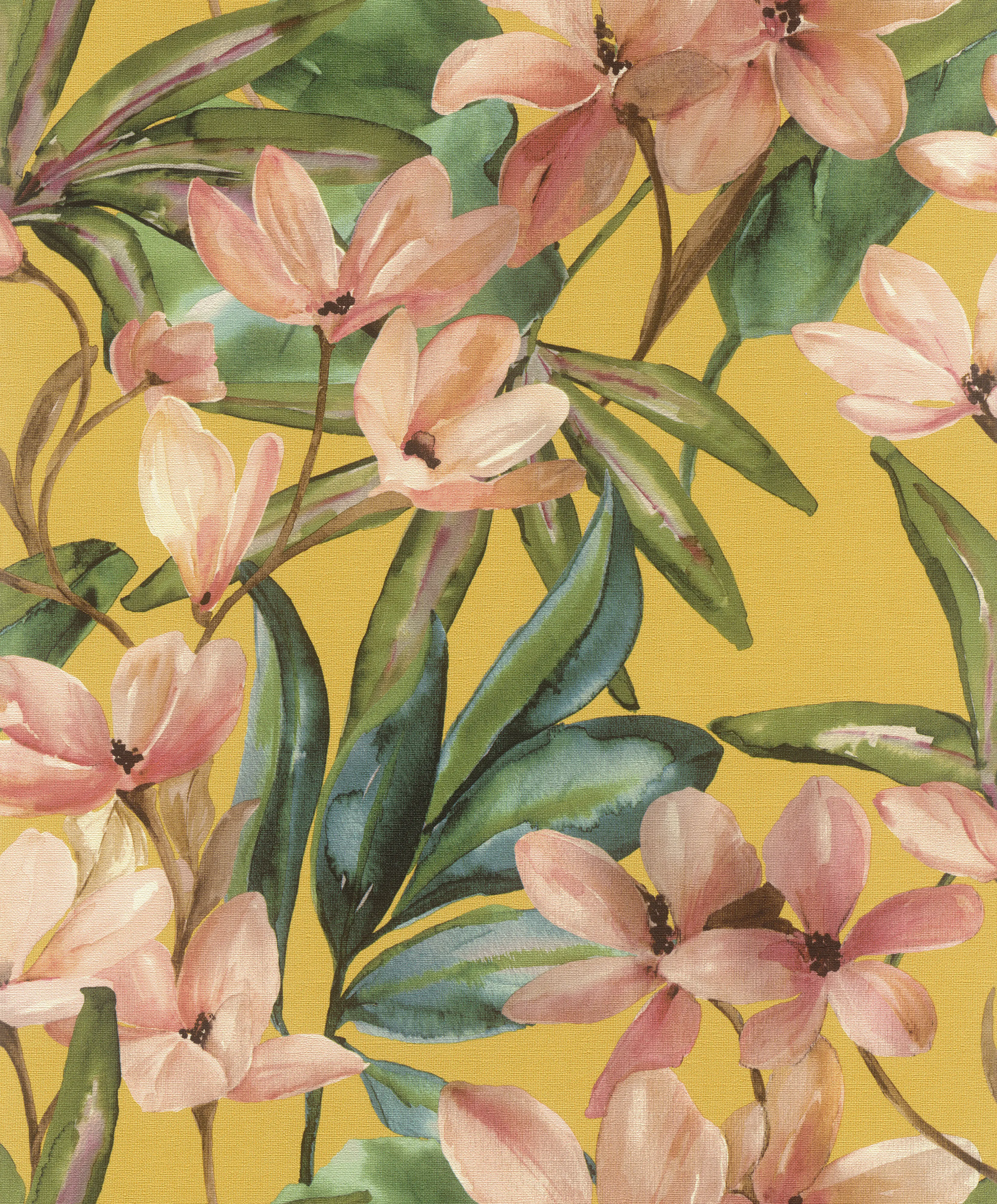 Tesa x Rasch selbstklebende Vliestapete Magnolia Blüten currygelb rosa 6 x 0,53 m