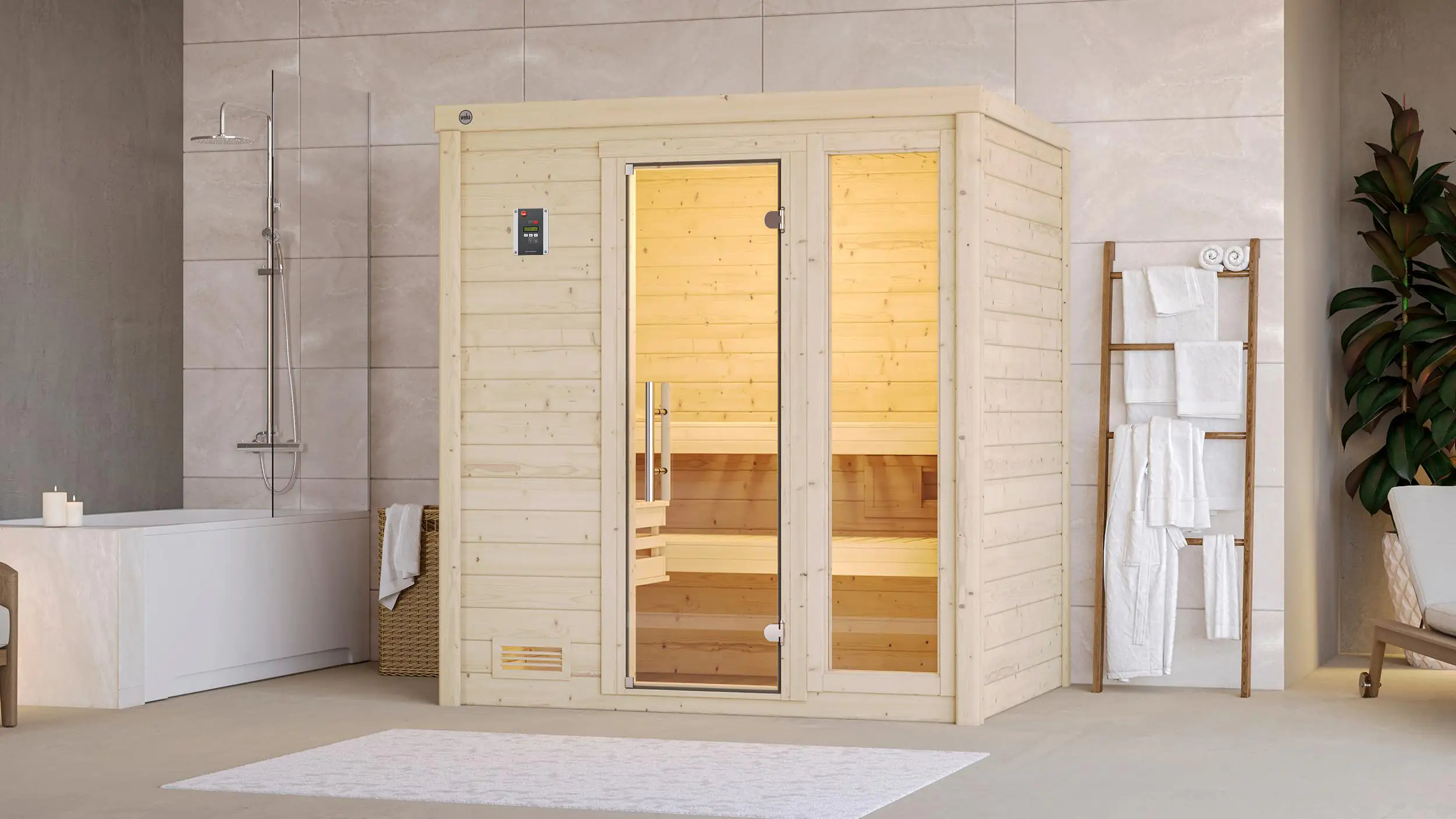Weka Massivholzsauna Bergen 1 mit Glastür und Fenster