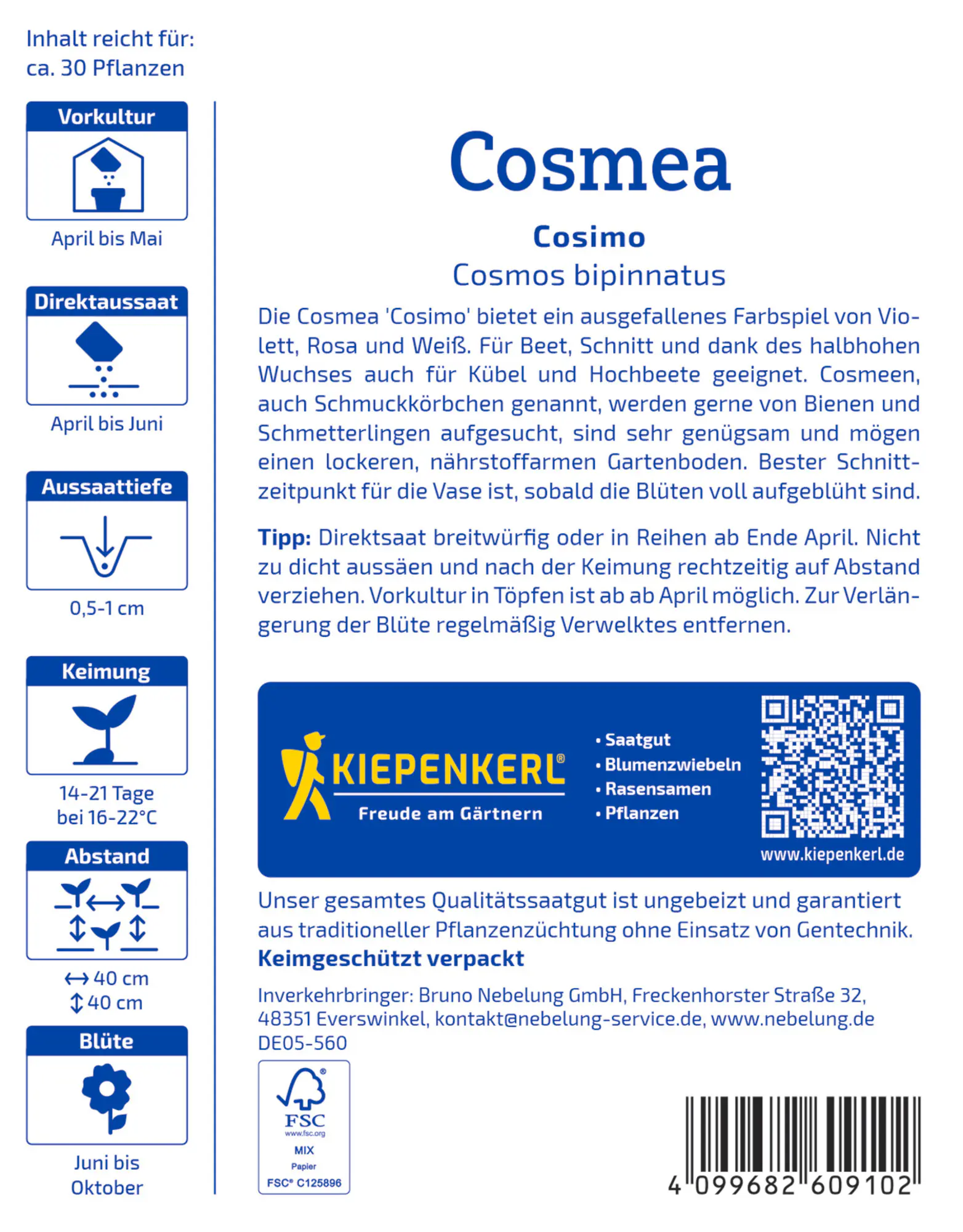 Kiepenkerl Blumensamen Cosmos Cosimo für ca. 30 Pflanzen