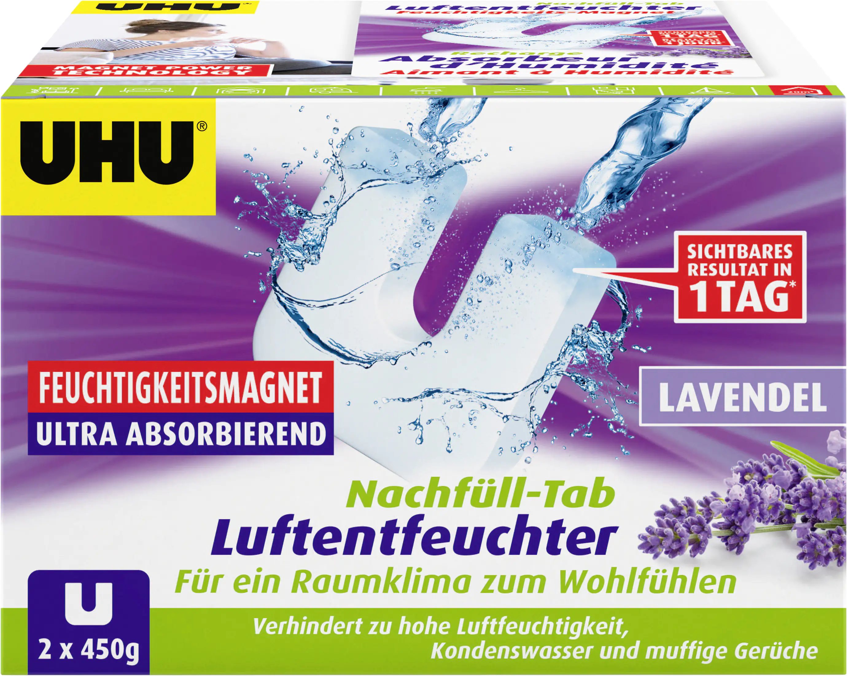 UHU Luftentfeuchter Feuchtigkeitsmagnet Lavendel, 2 x 450 g
