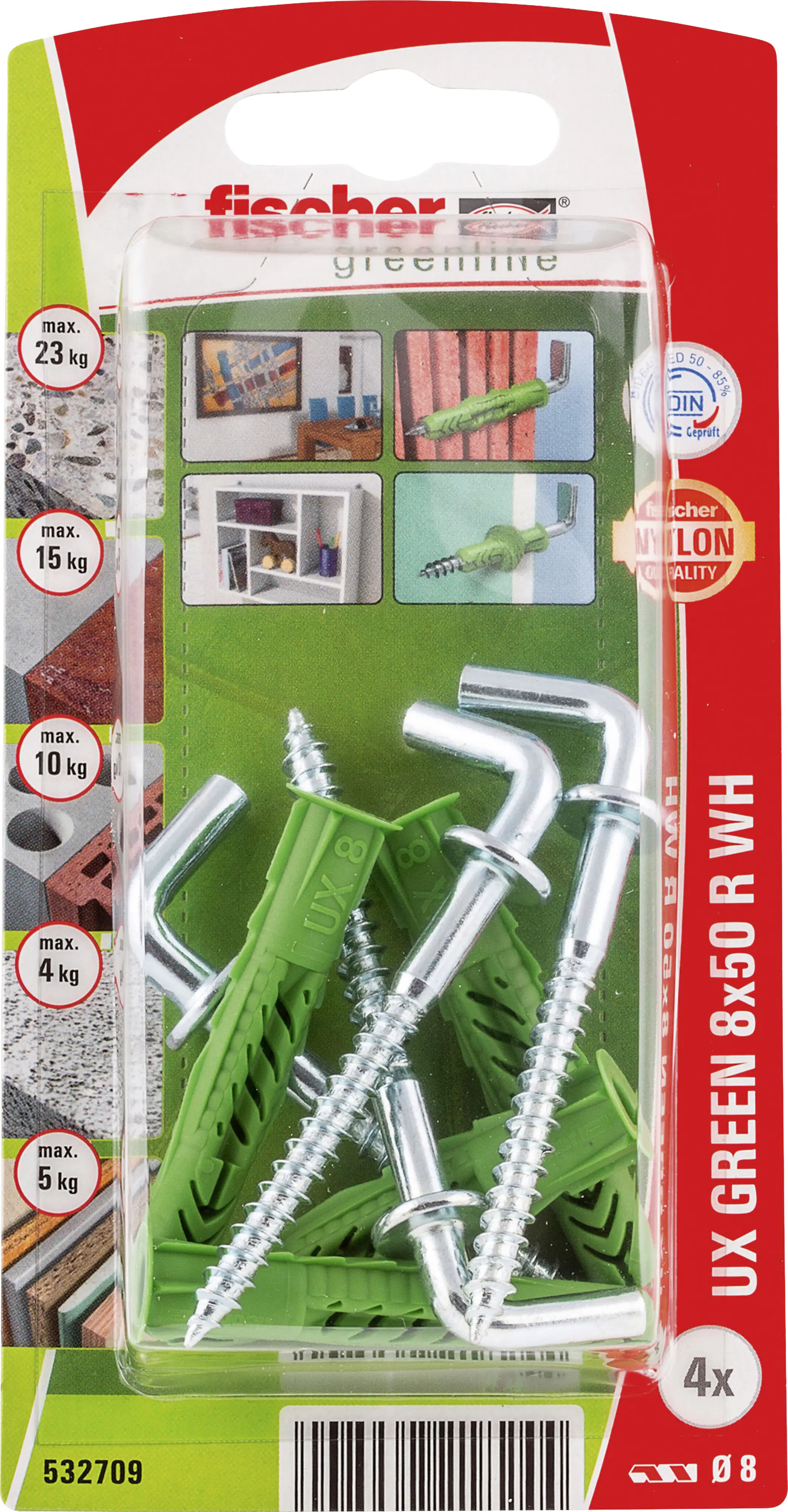 Fischer Universaldübel UX Green R WH 8 x 50 mm mit Rand & Winkelhaken- 4 Stück