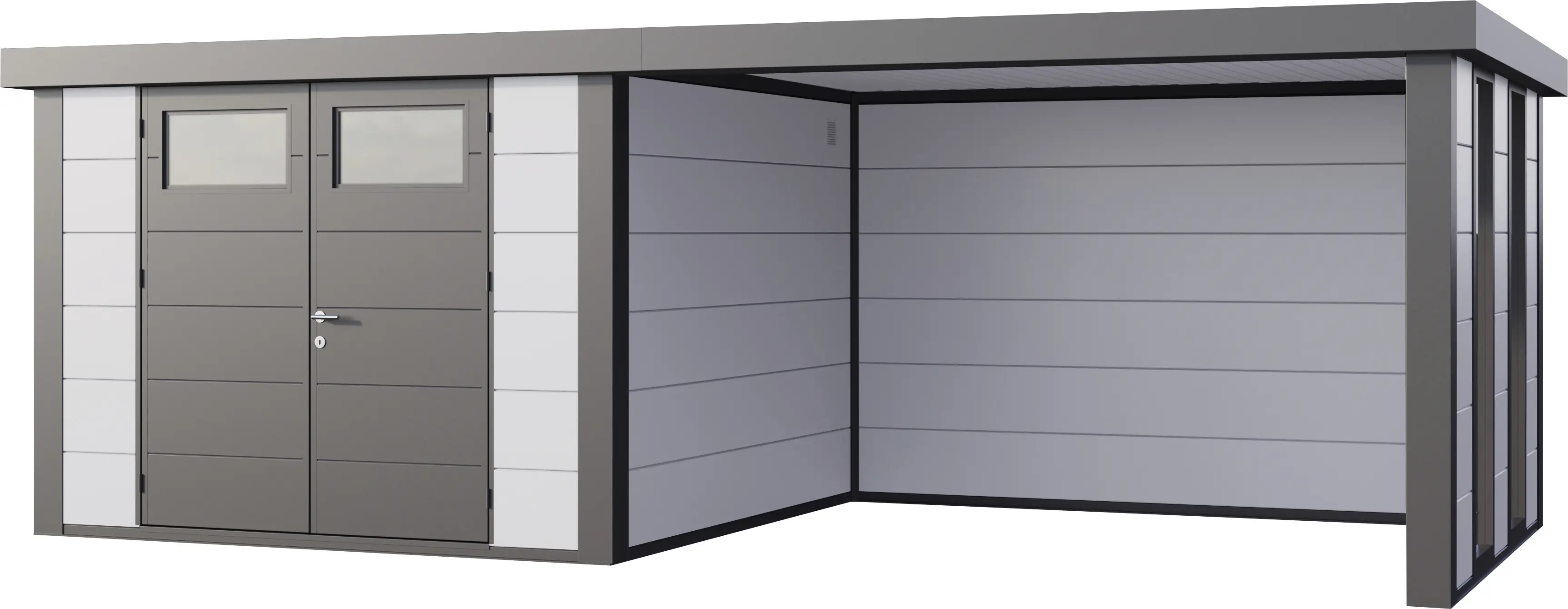 Telluria Gerätehaus Classico Lounge L mit Fenstern 3030 rechts weiß 642 x 298 cm