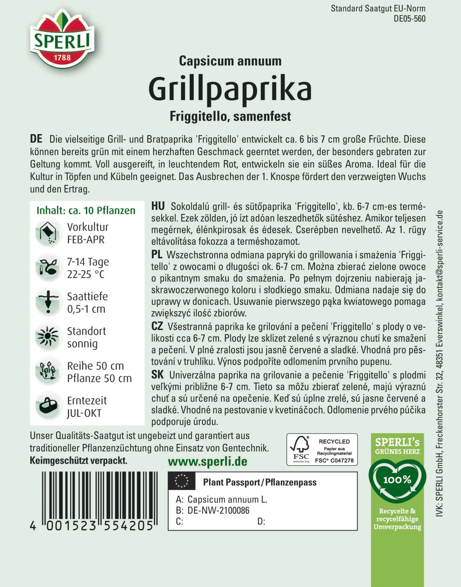 Sperli Saatgut Grillpaprika Friggitello 6 g