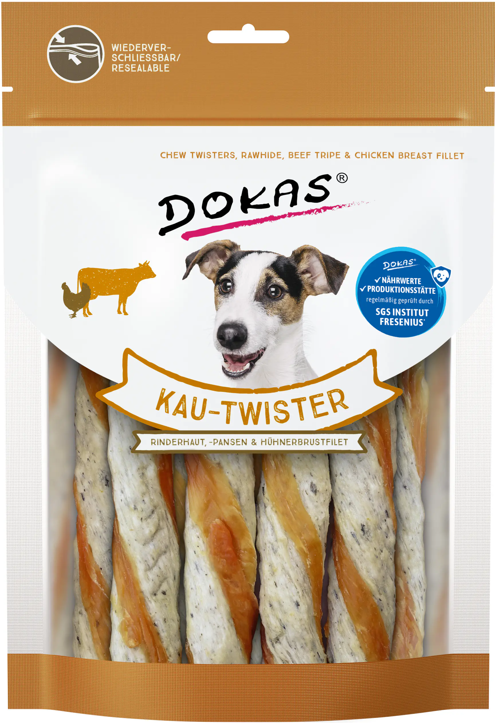 Dokas Kau-Twister Rinderhaut 200 g, Pansen & Hühnerbrustfilet