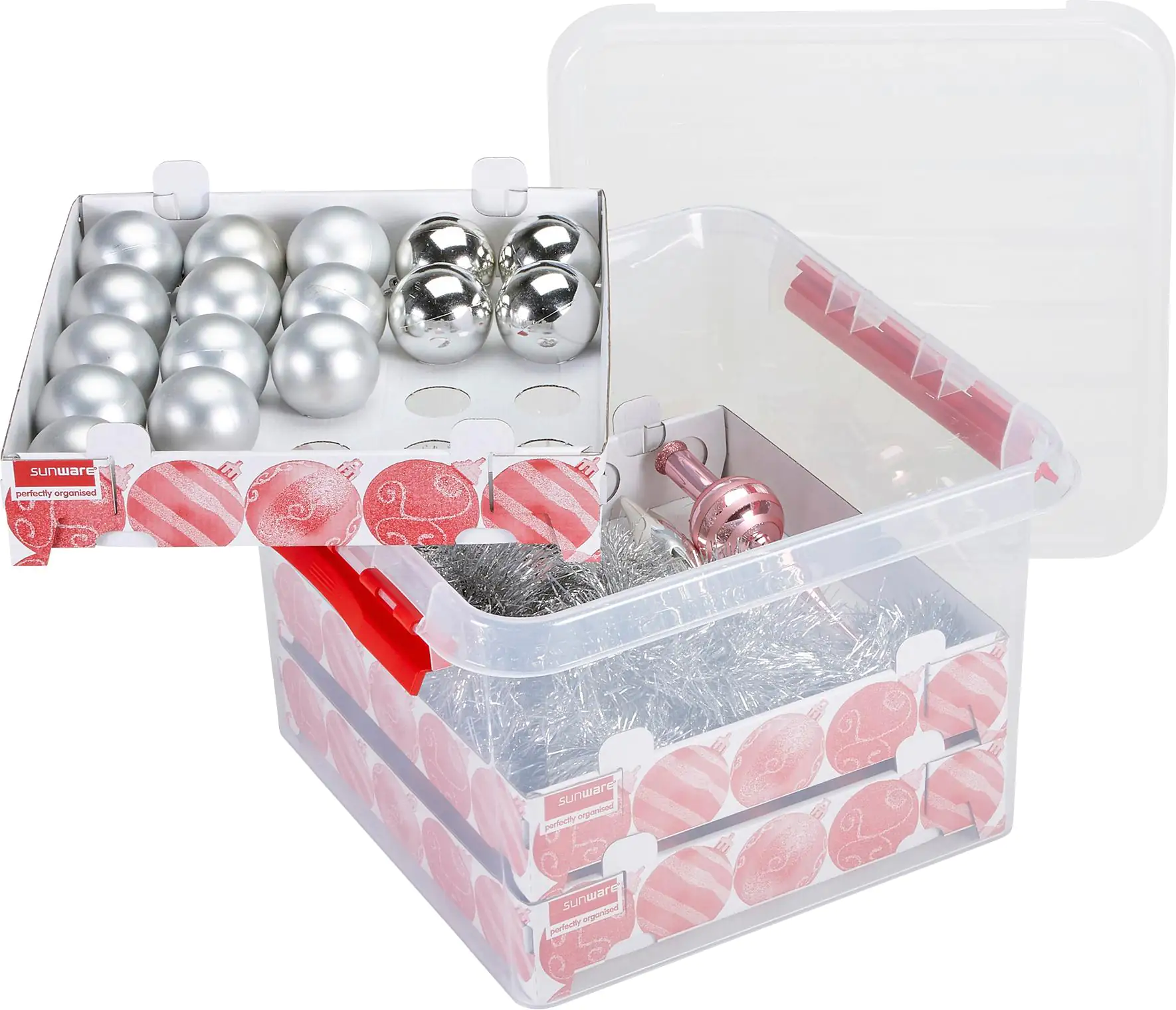 Sunware Weihnachtsbox Q-line 26L mit Einsatz für 75 Kugeln transparent rot
