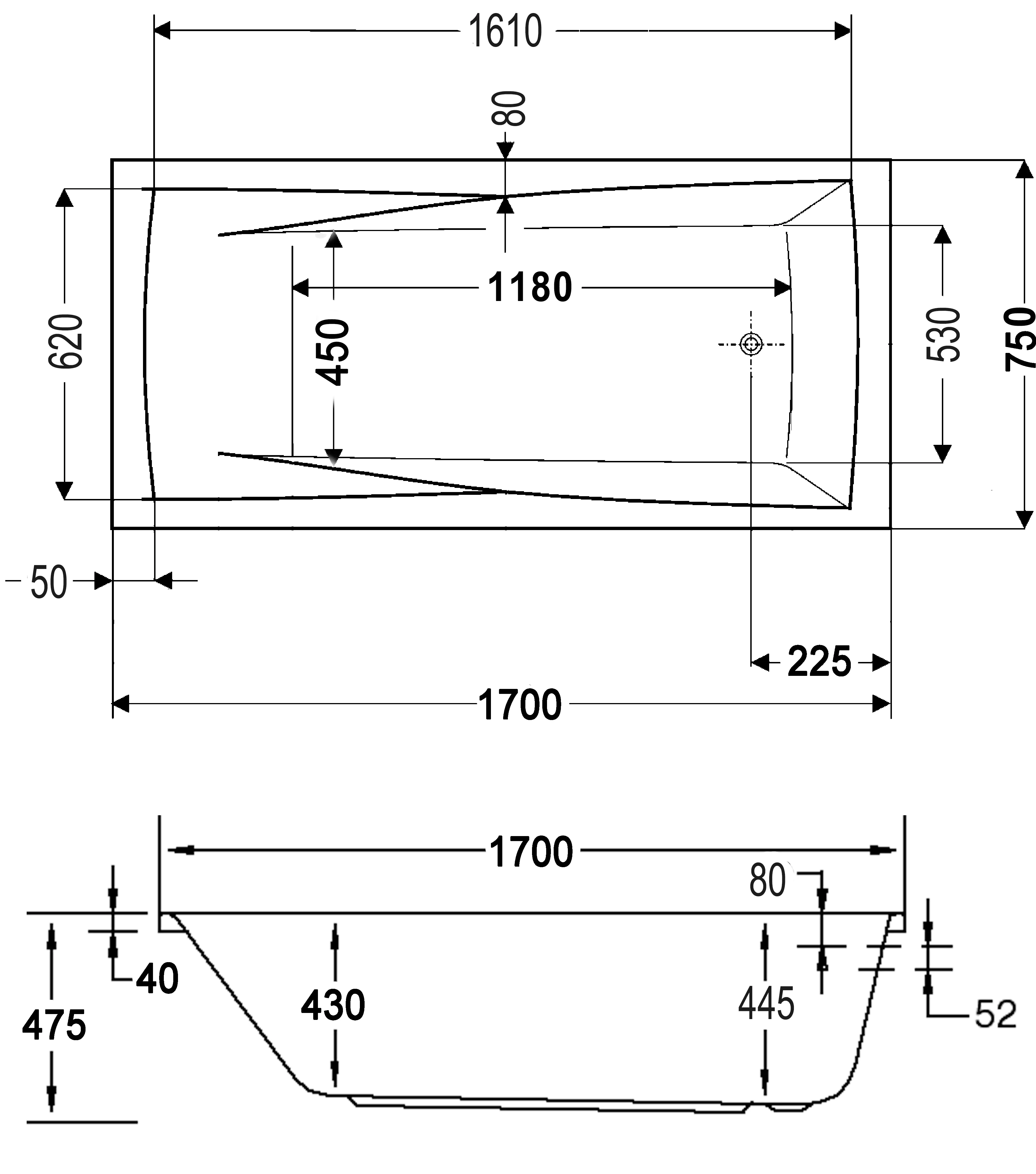 Ottofond Whirlpool-Badewanne Komplettset Atlanta 170 cm