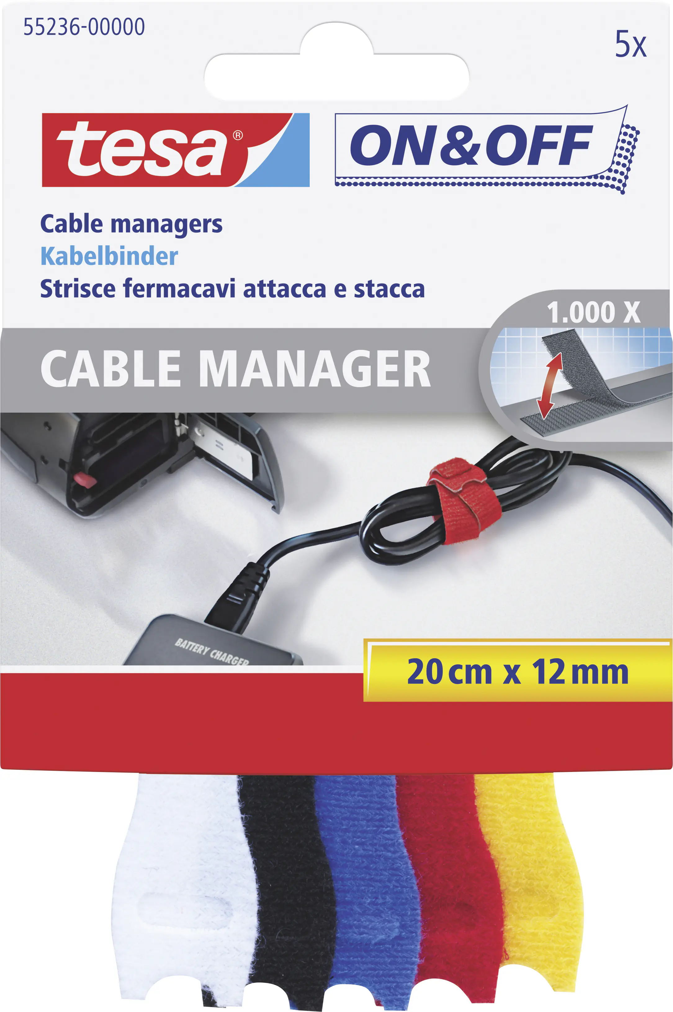 tesa On & Off Klett Kabelbinder 20 cm x 12 mm, weiß/schwarz/blau/rot/gelb