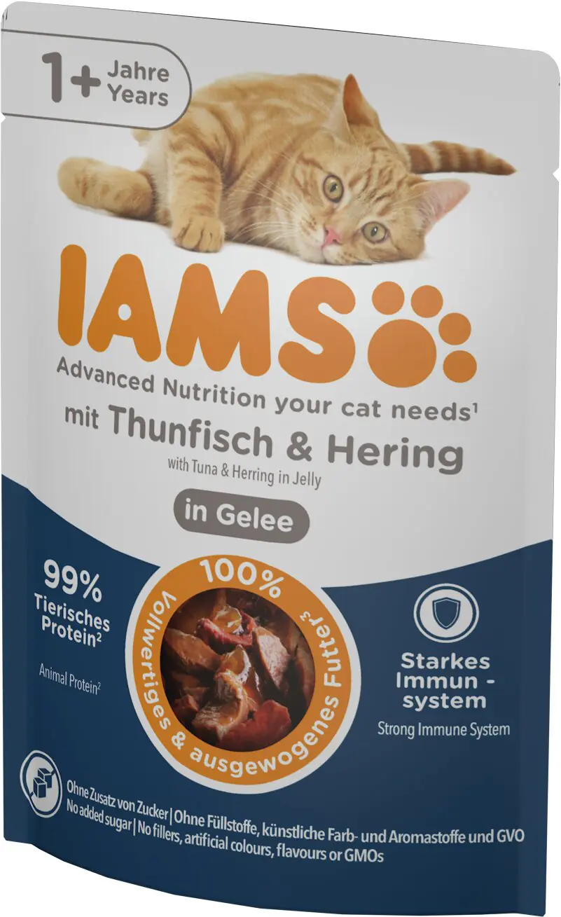 Iams Advanced Nutrition Katzennassfutter Adult 85 g Thunfisch & Hering in Gelee