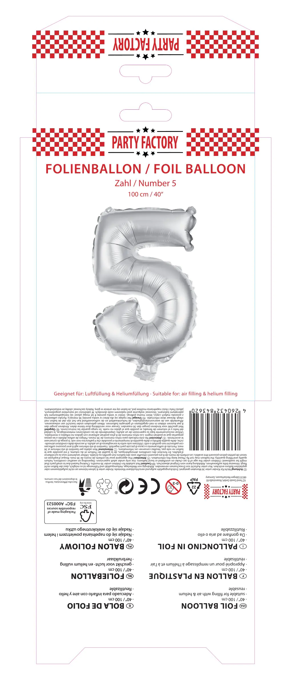 Folienballon Zahl 5 silber 100 cm
