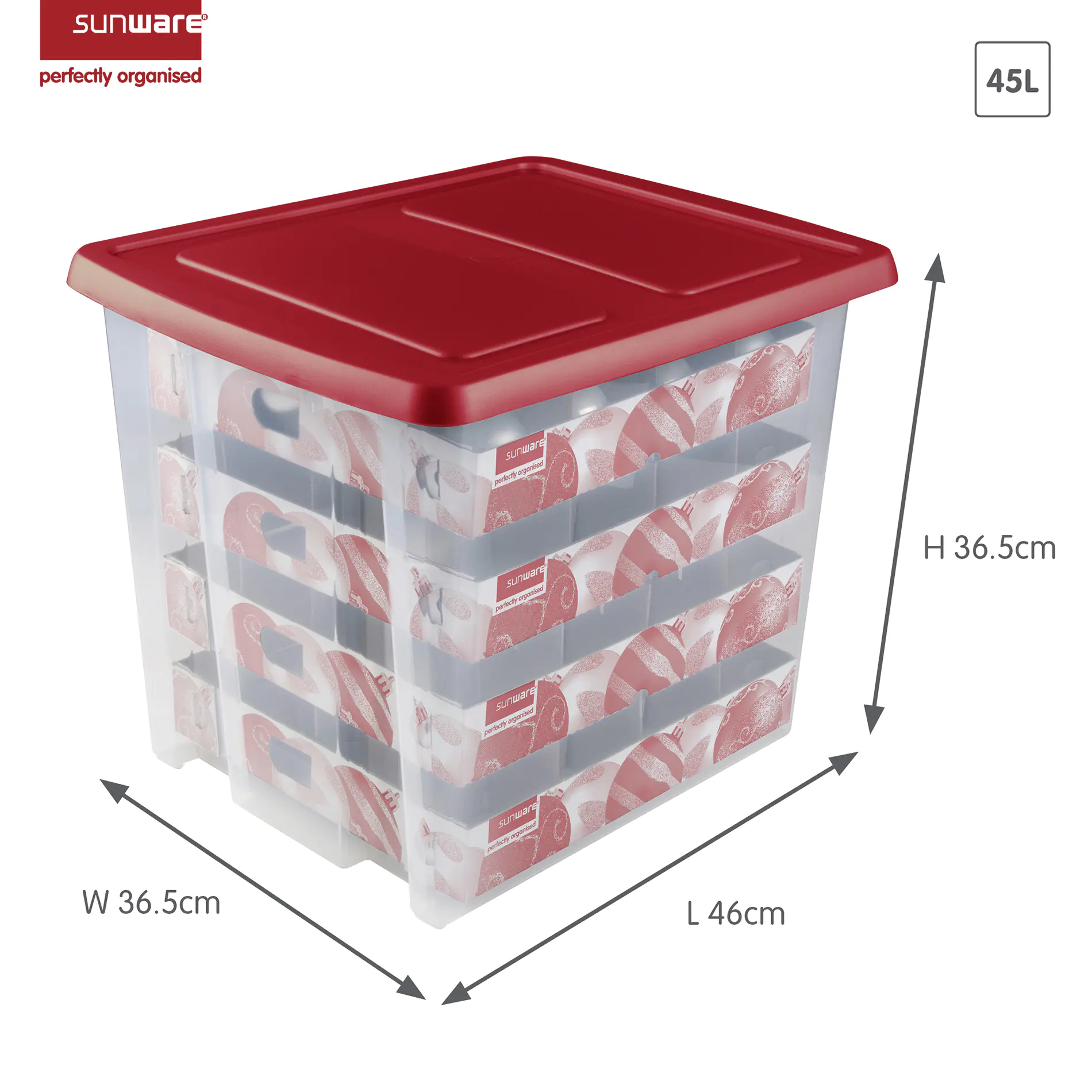 Sunware Weihnachtsbox Nesta 45L mit Einsatz für 64 Kugeln transparent rot
