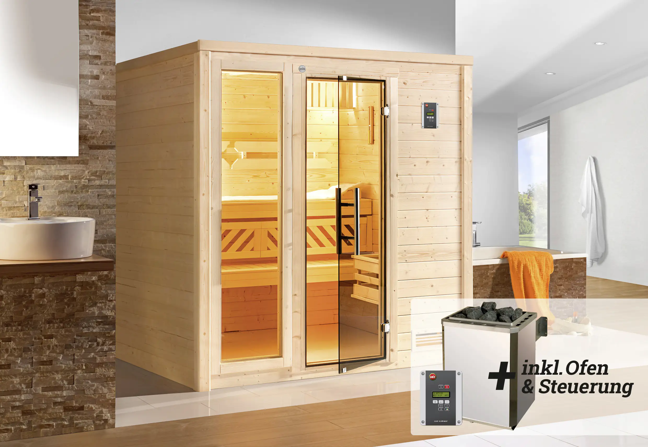 Weka Premium Massivholz-Sauna Bergen Gr. 2 Sparset 7,5 kW OS