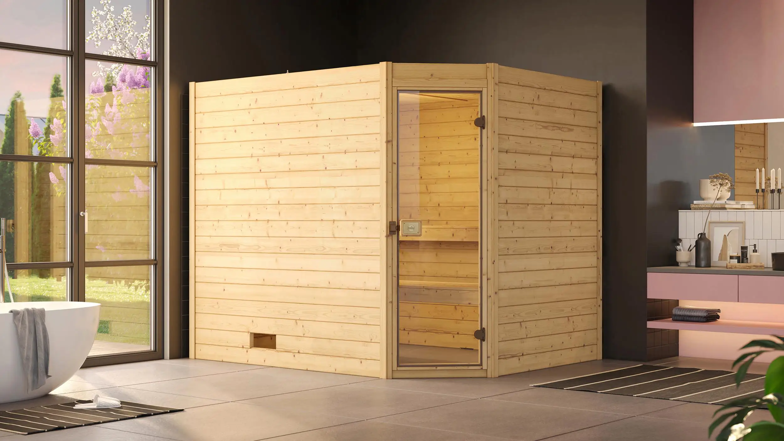 Weka Massivholzsauna Valida Eck 3 mit Glastür