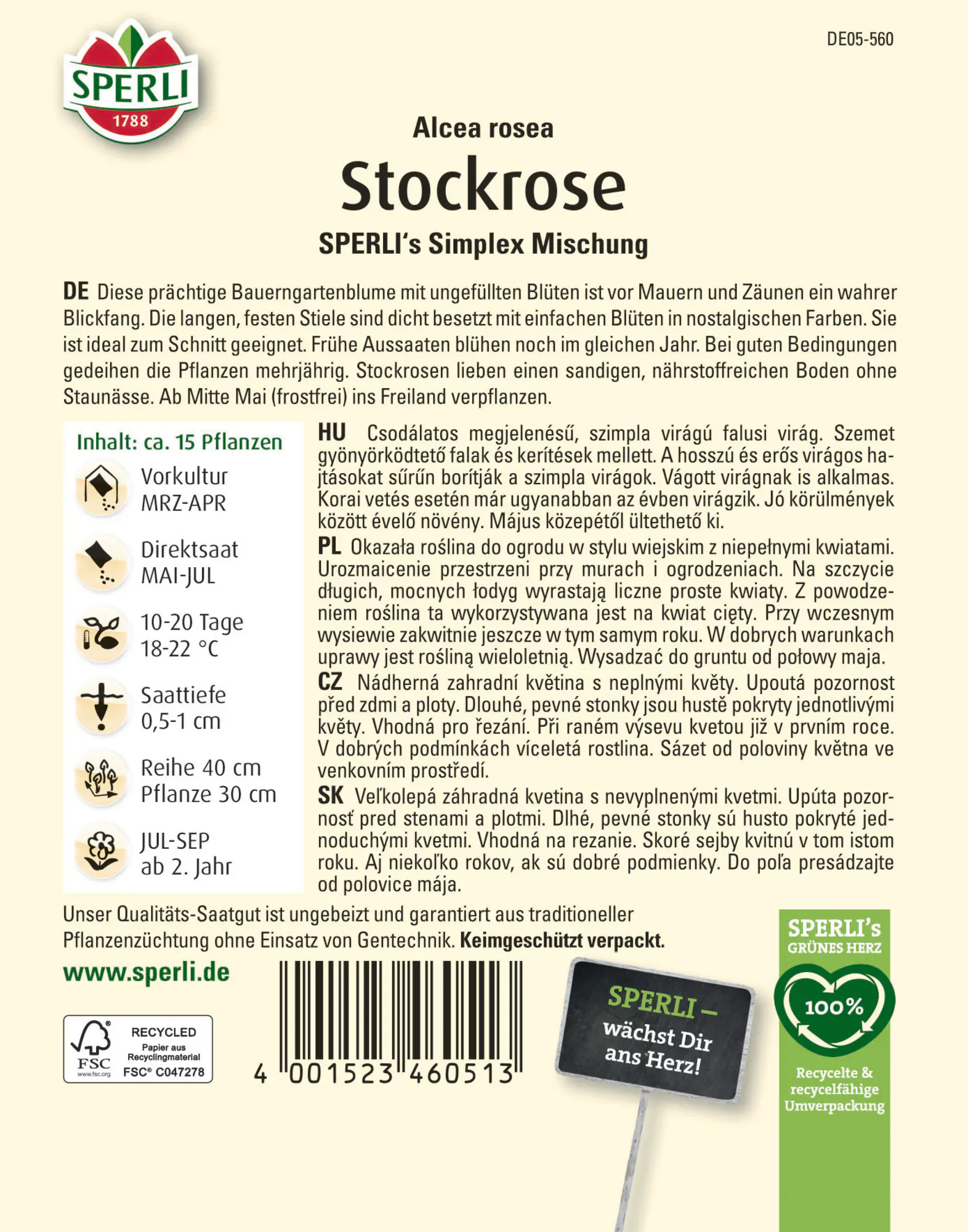 Sperli Saatgut Stockrosen Simplex Mischung für ca. 15 Pflanzen