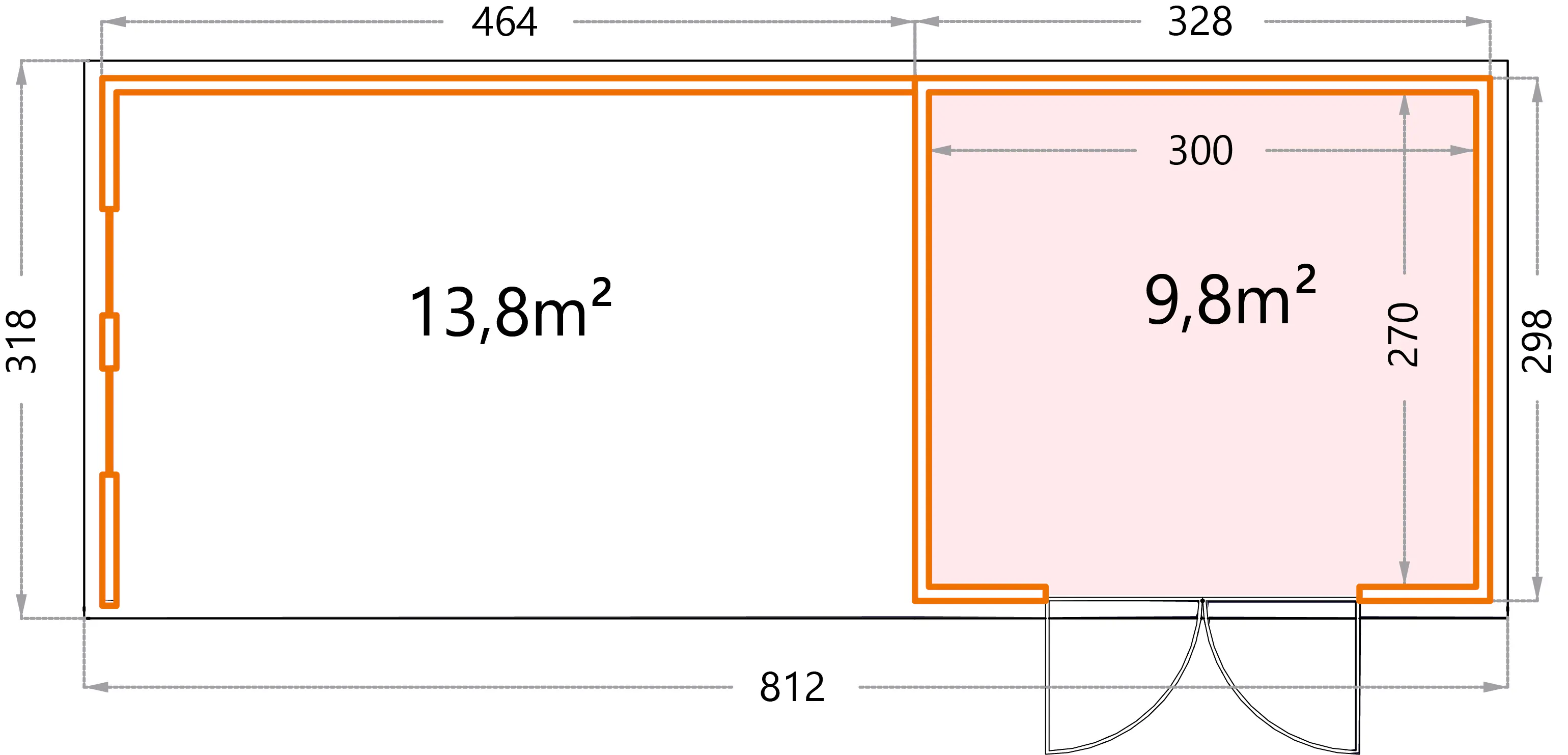 Telluria Gerätehaus Classico Lounge XL mit Fenstern 3330 links hellgrau 792 x 298 cm