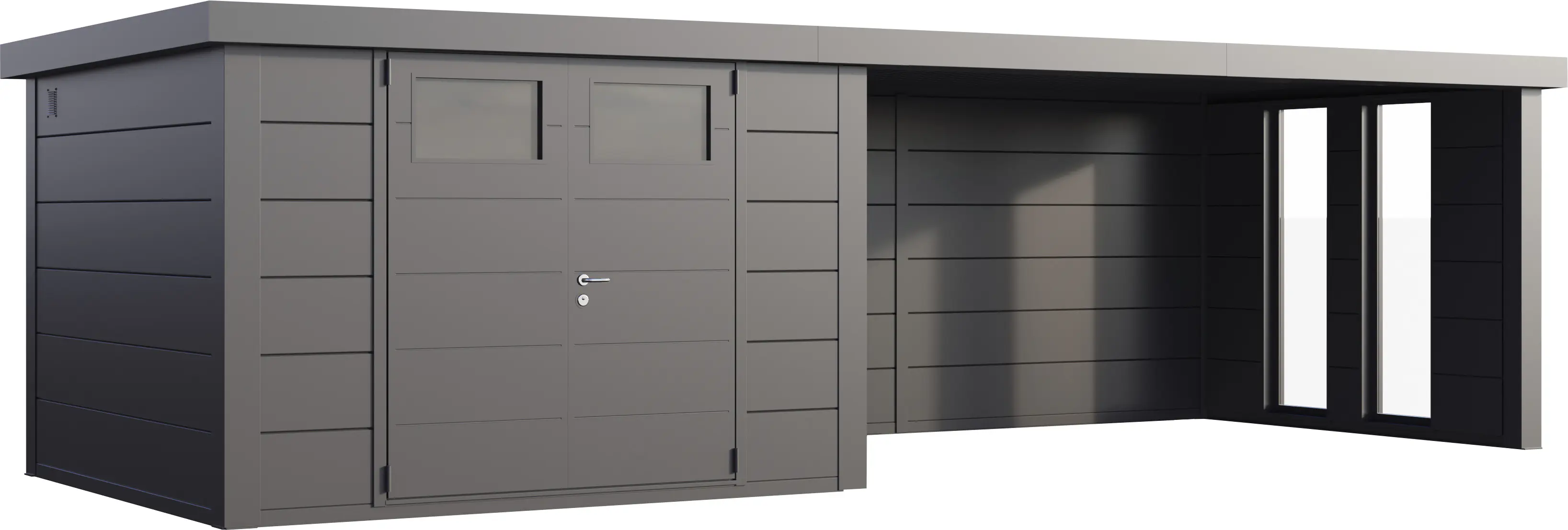 Telluria Gerätehaus Classico Lounge XL mit Fenstern 3030 rechts granitgrau 762 x 298 cm