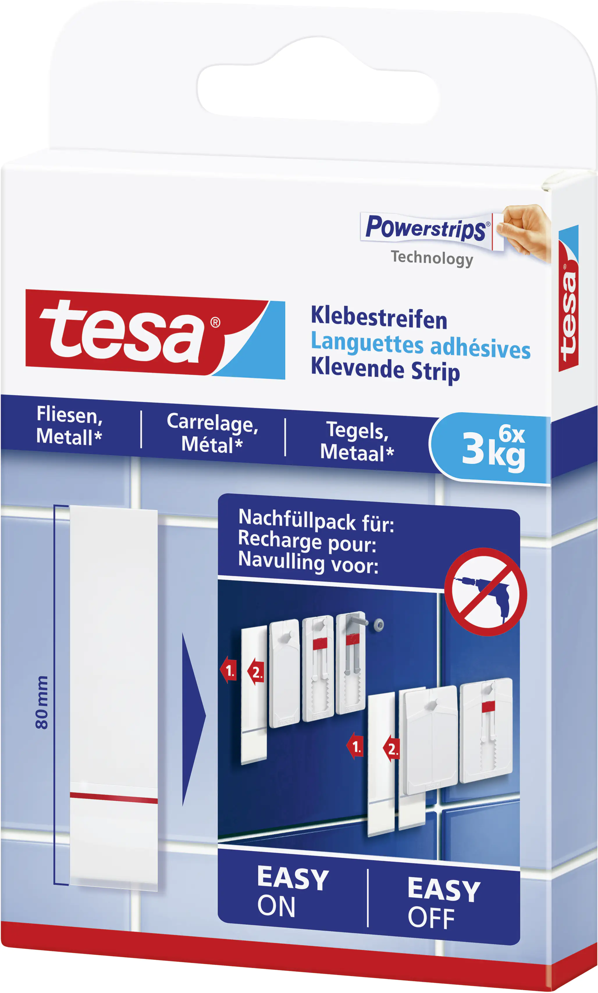 tesa Klebestreifen für Fliesen und Metall 6 Stück, Traglast 3 kg