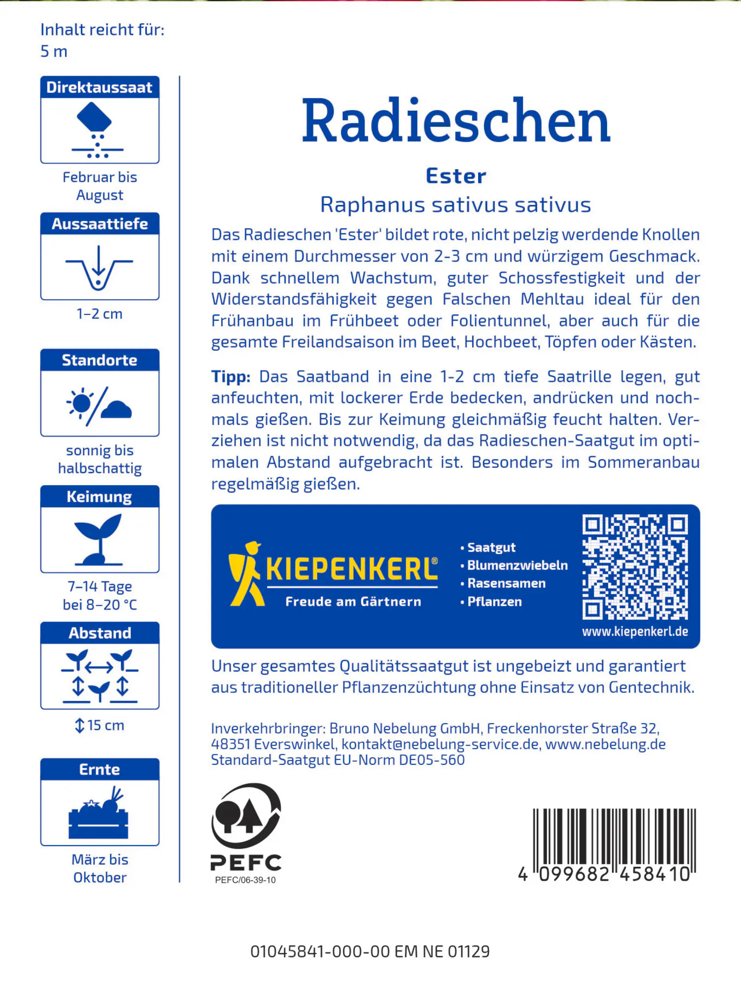 Kiepenkerl Profi-Line Saatgut Radieschen Ester Saatband für ca. 0,5 – 0,75 m²