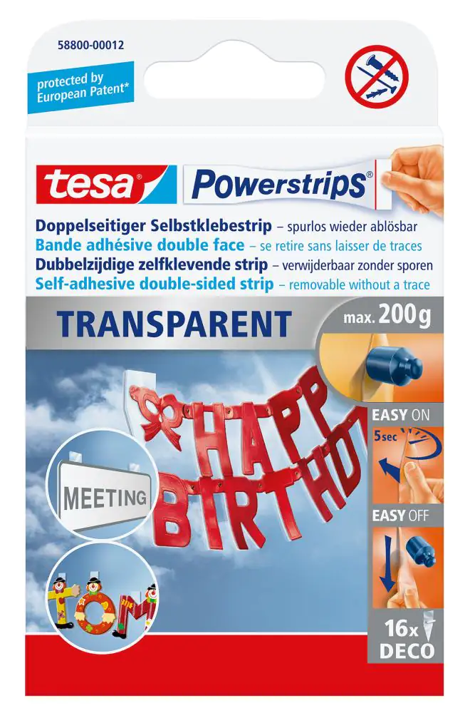 tesa Deco Powerstrip transparent, 16 Stück