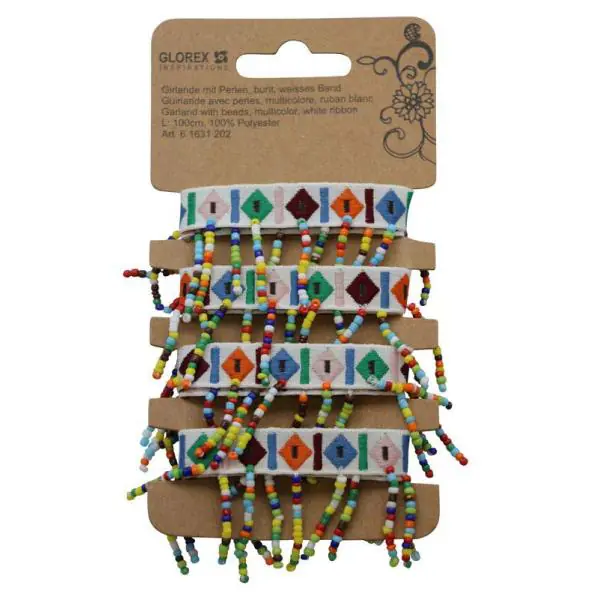 Glorex Girlande mit Perlen bunt 1 Meter, weißes Band