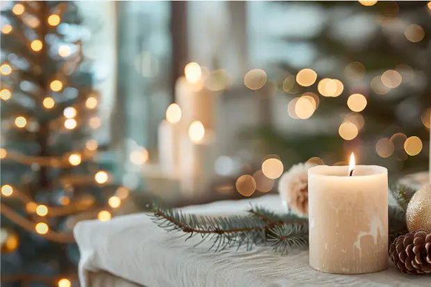 Brennende weiße Kerze auf einem Tisch mit Tannenzweig, weihnachtliche Dekoration und unscharfen Lichterketten im Hintergrund.