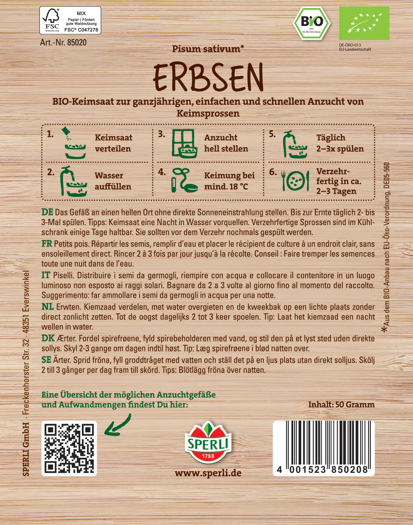 Sperli BIO Keimsprossen-Saat Erbsen