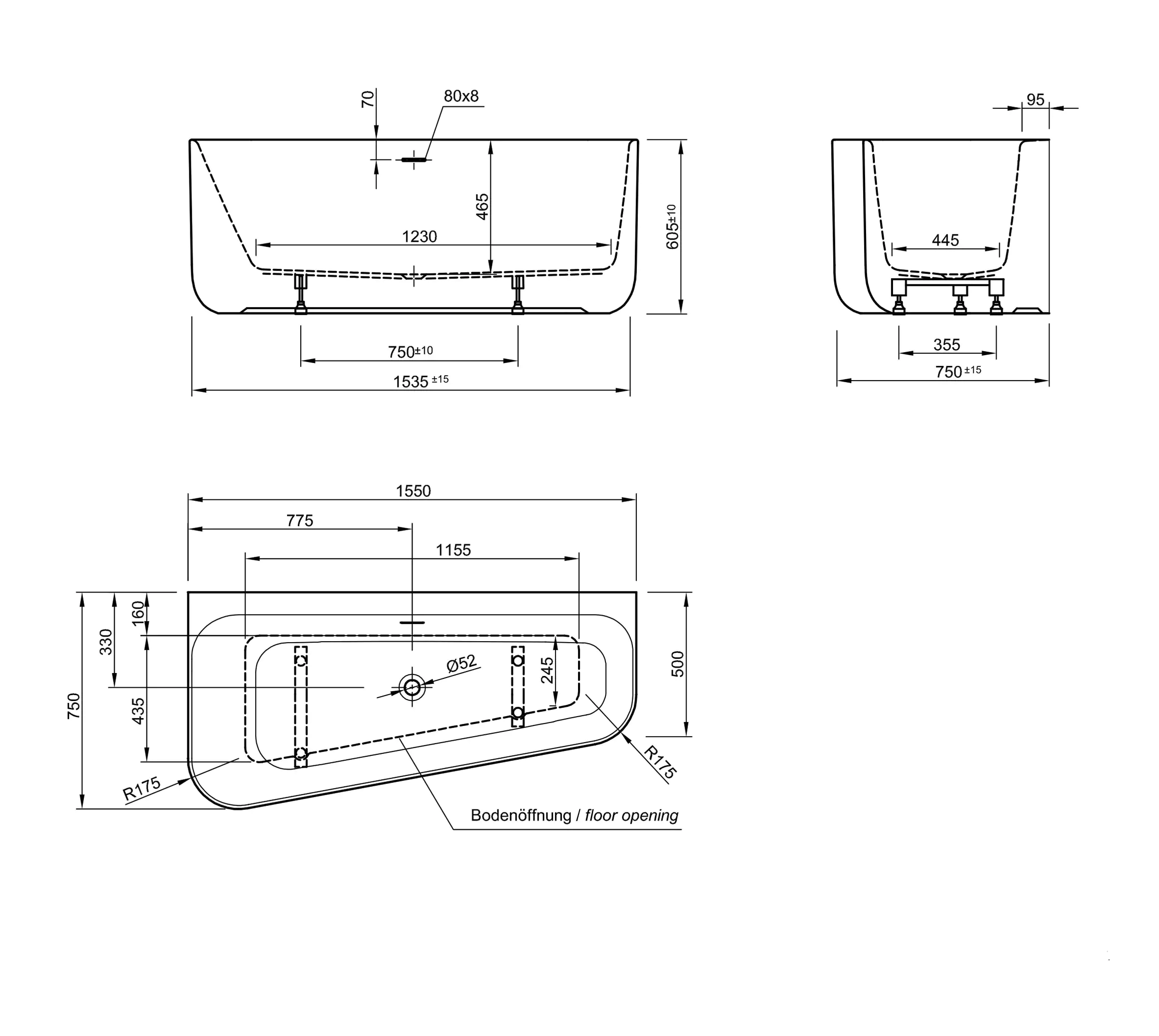 Ottofond Badewanne Pino rechts mit 3-Loch-Wannenrandarmatur S3000