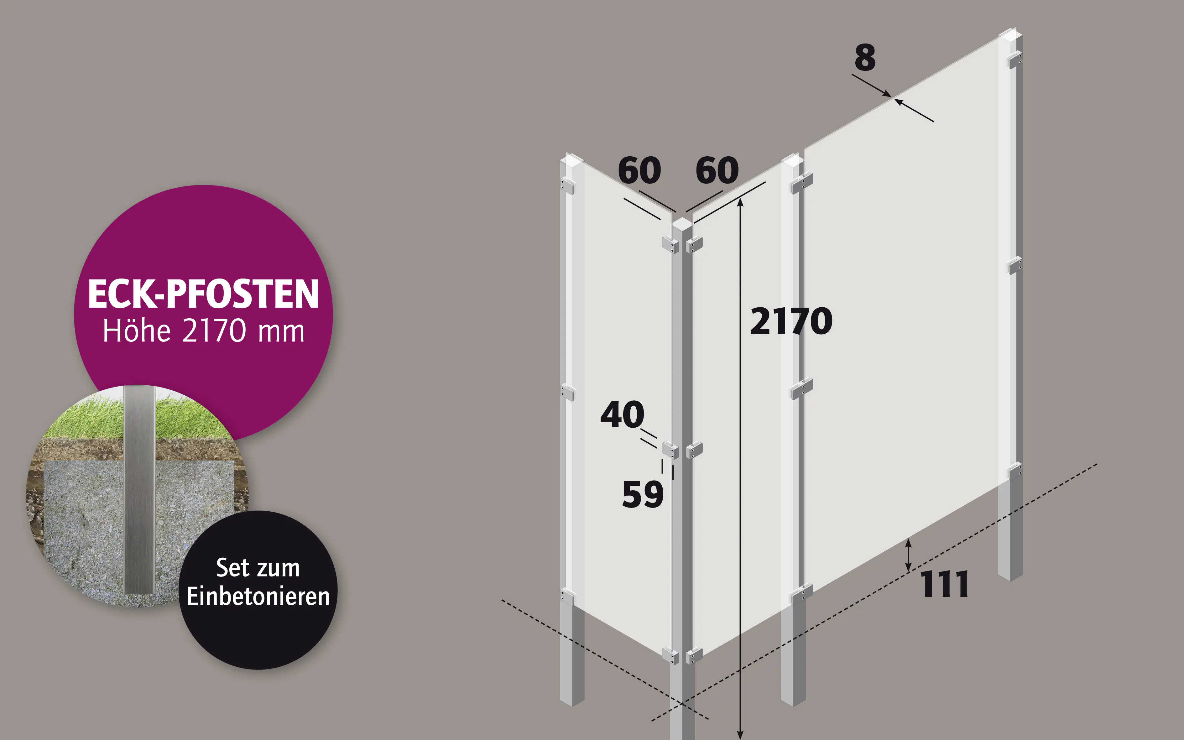 Ambiente Eckpfosten-Set zum EINBETONIEREN 217 cm, 60 x 60 mm, Edelstahl