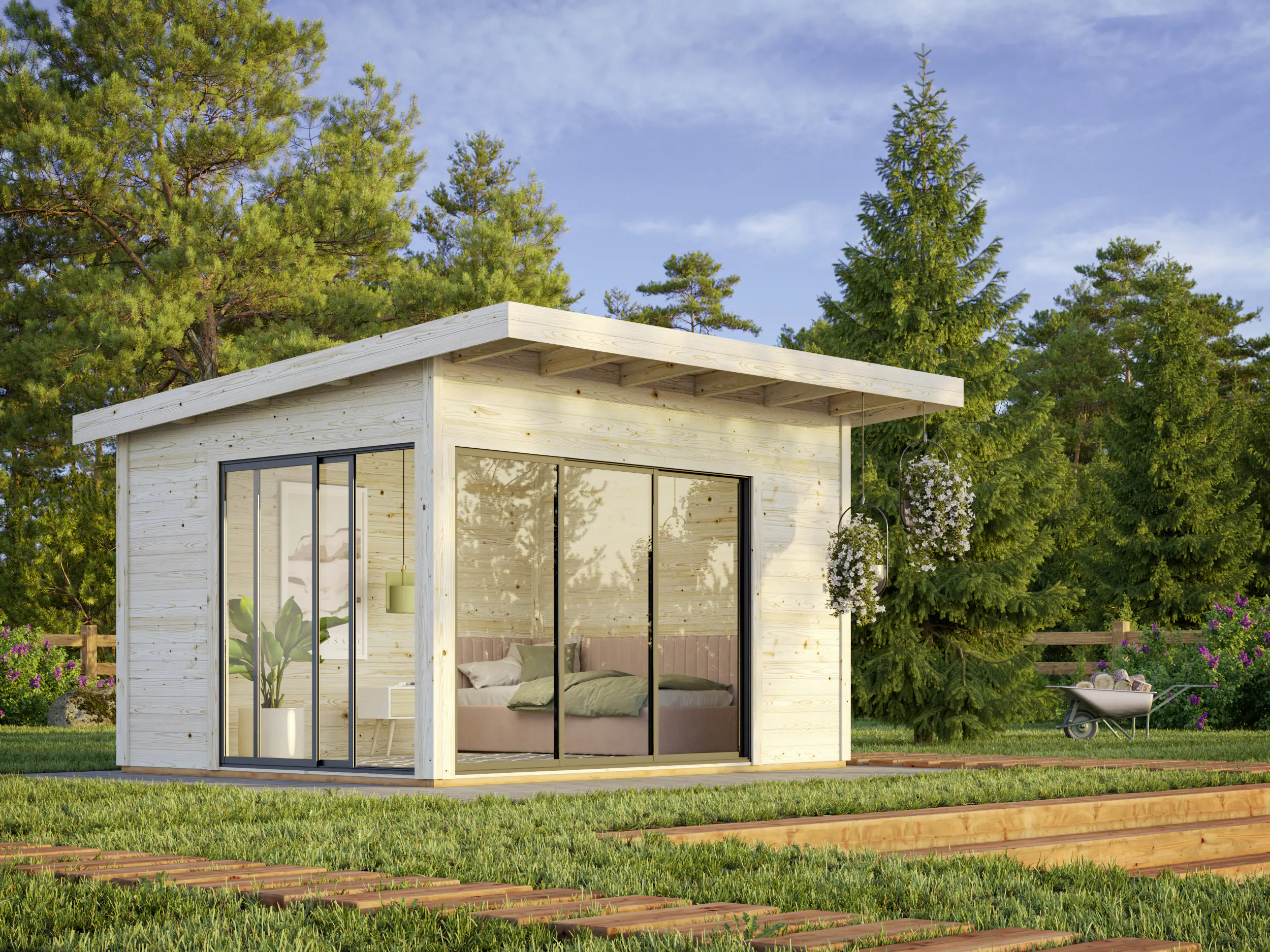 Palmako Gartenhaus Andrea 390 x 300 cm Slide Plus mit Glasschiebetüren grau lackiert