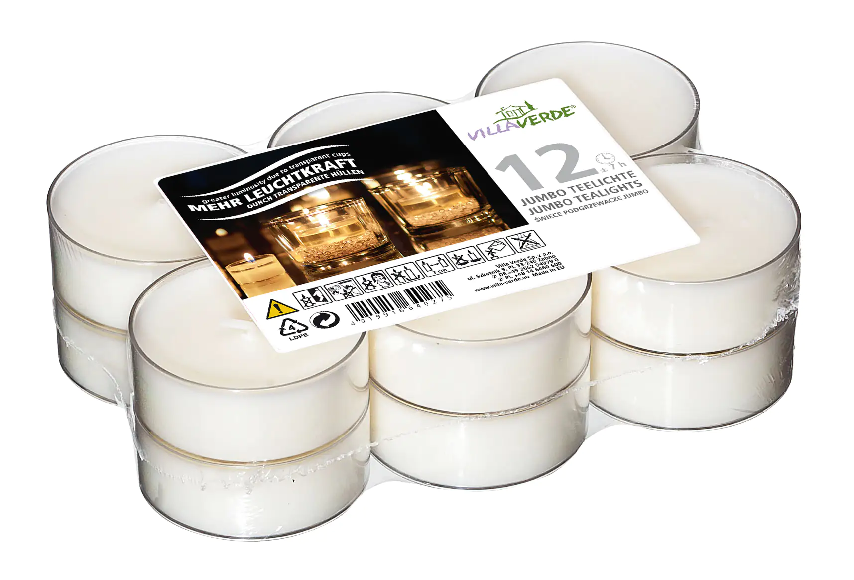 Villa Verde Jumboteelichter weiß, Höhe: 2 cm, Ø 5,6 cm, 12er Pack