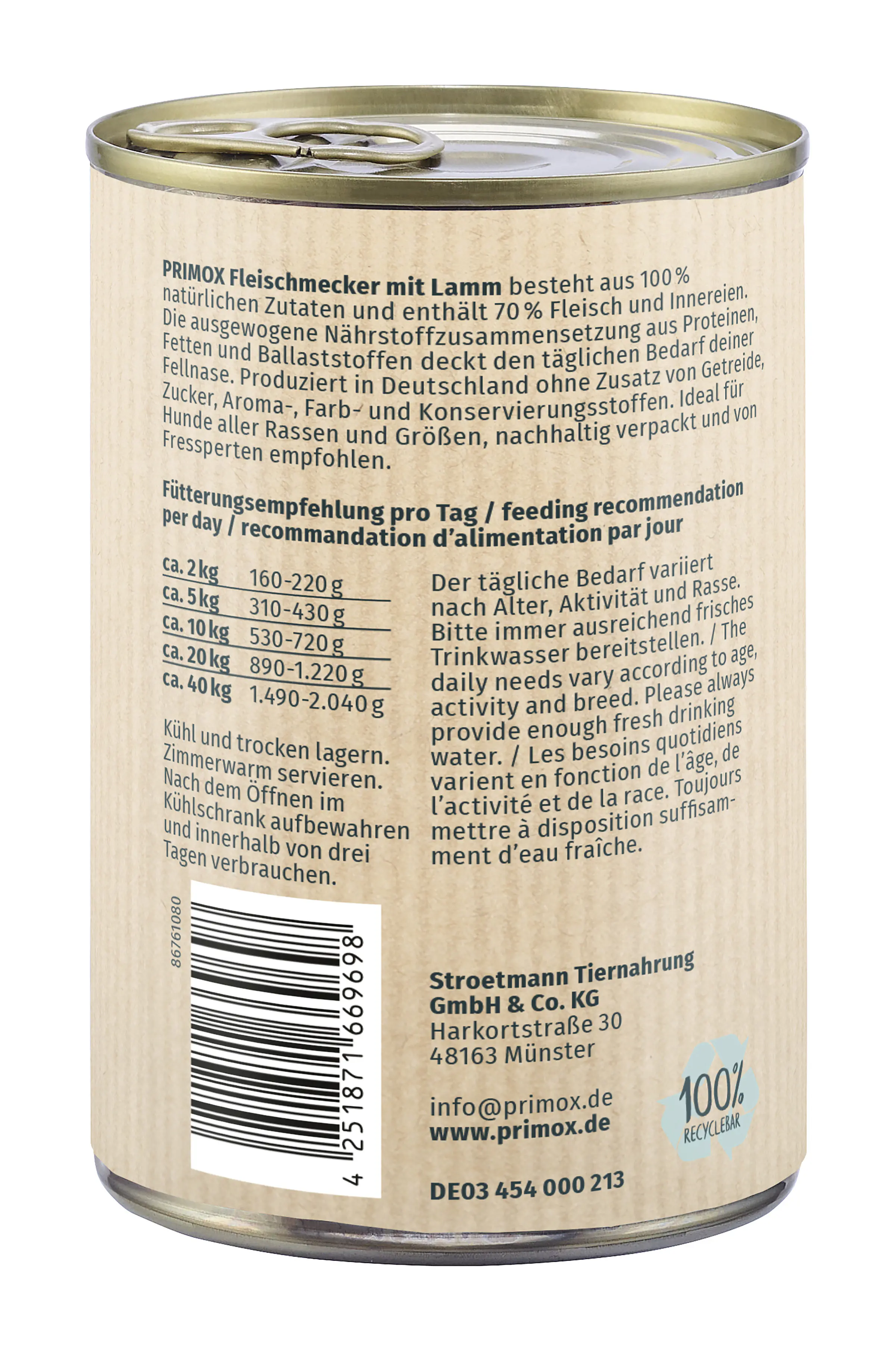 Primox Hundenassfutter Adult getreidefrei 400 g Lamm