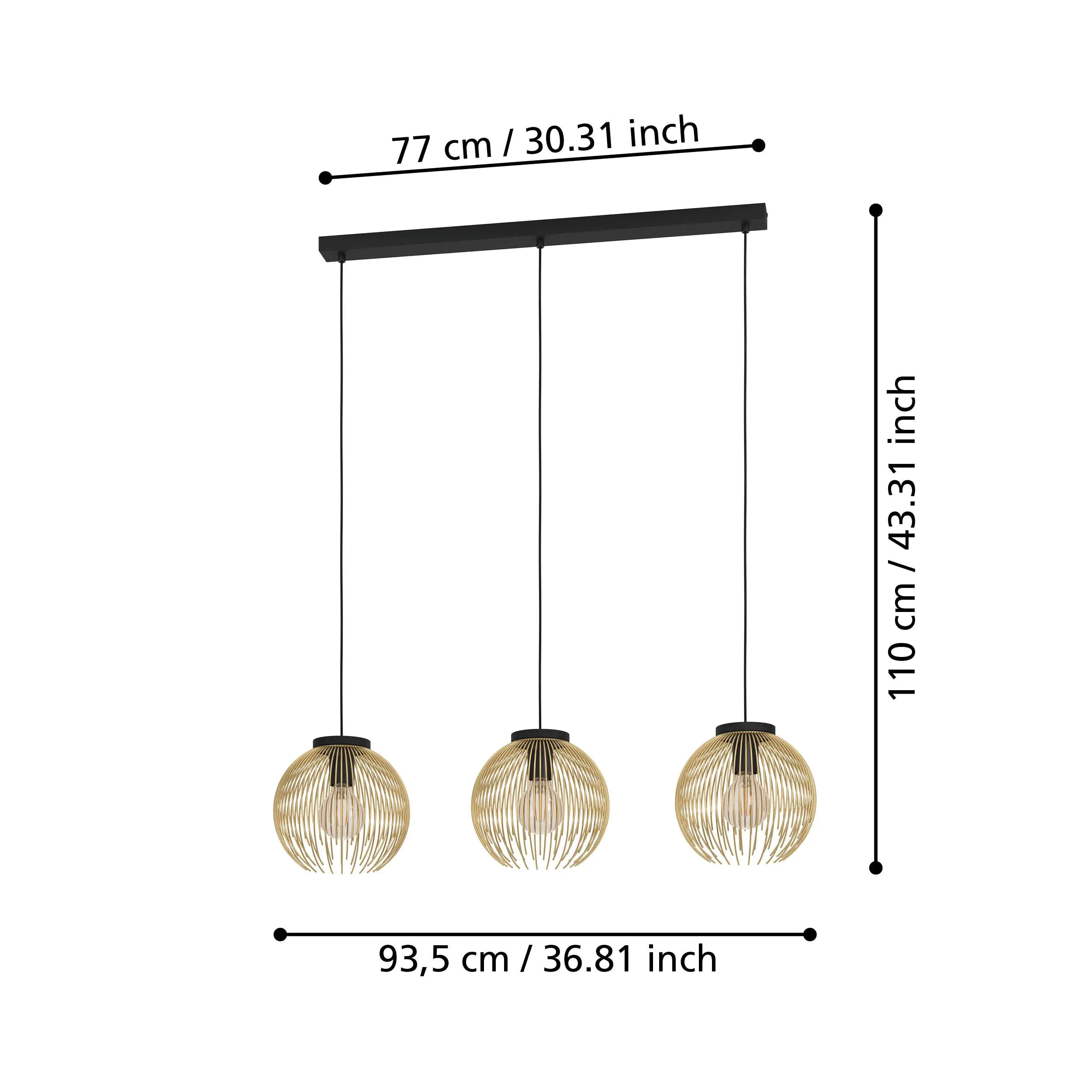Eglo 3er Pendelleuchte Venezuela schwarz-gold 93,5 x 23,5 cm E27 40 W