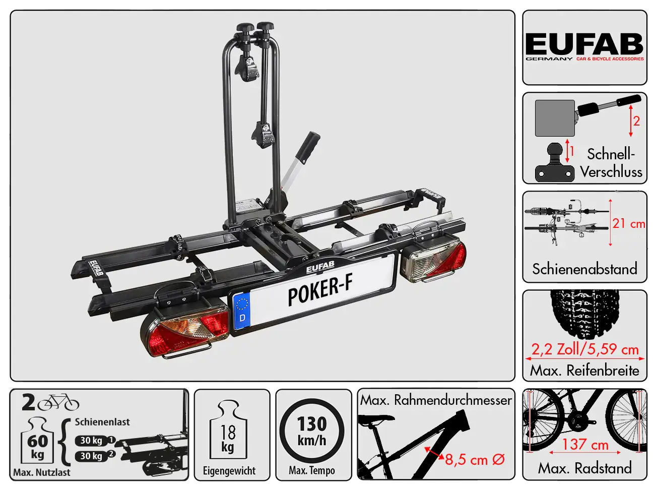 EUFAB Fahrradheckträger Poker-F für 2 Fahrräder abklappbar