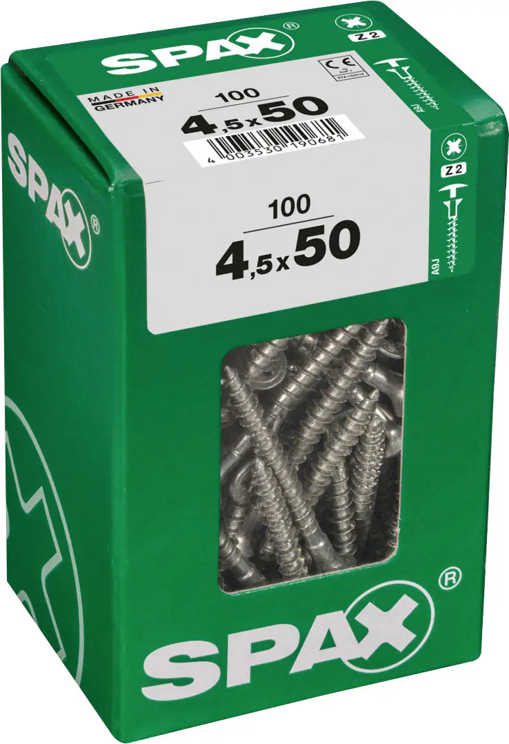 Spax Universalschrauben mit Kopfbohrung 4,5 x 50 mm Z2 Vollgewinde - 100 Stk.