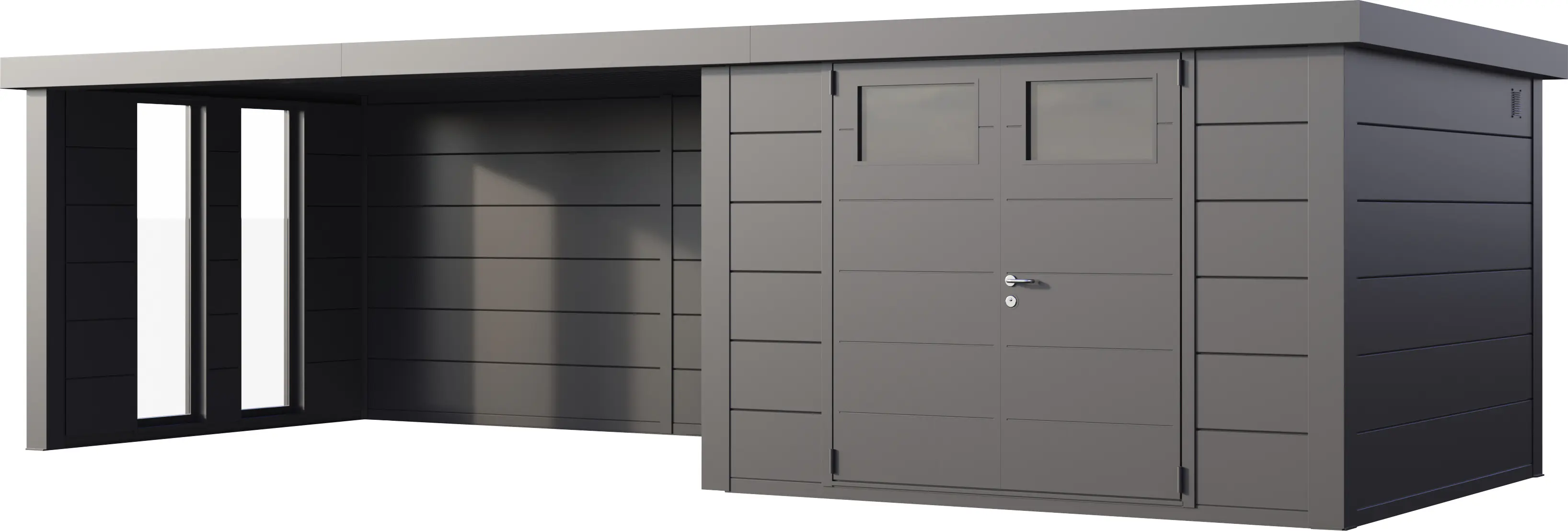 Telluria Gerätehaus Classico Lounge XL mit Fenstern 3030 links granitgrau 762 x 298 cm