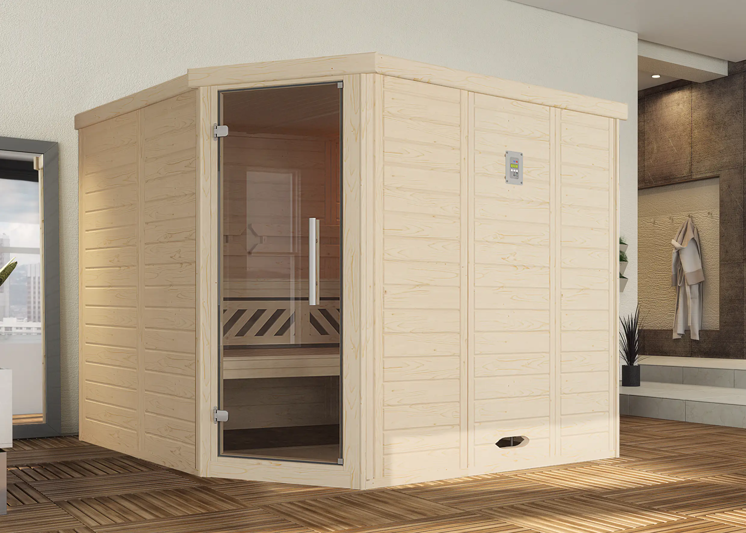 Weka Massivholz-Eck-Sauna Kemi Eck 2 mit Glastür und Wohlfühl-Paket