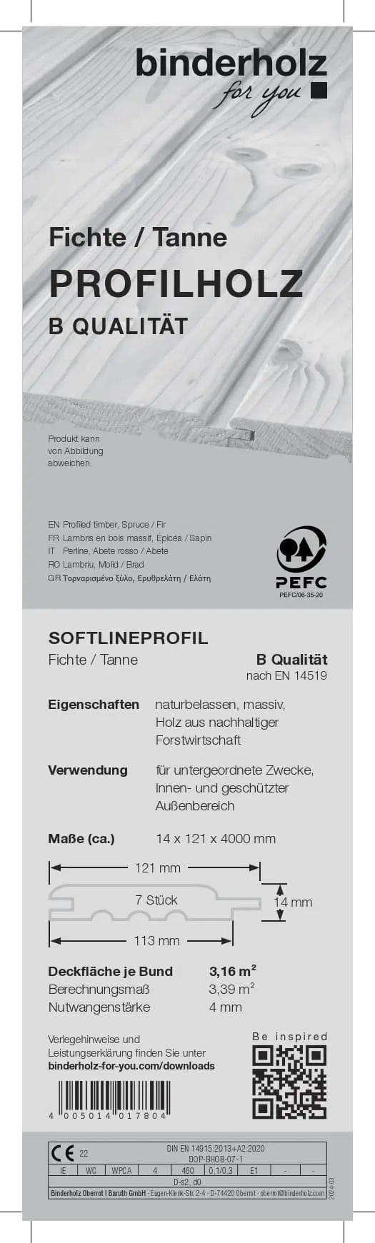 Profilholz Fichte Tanne Standard B-Sortierung Schrägprofil 400 x 12,1 cm 14 mm