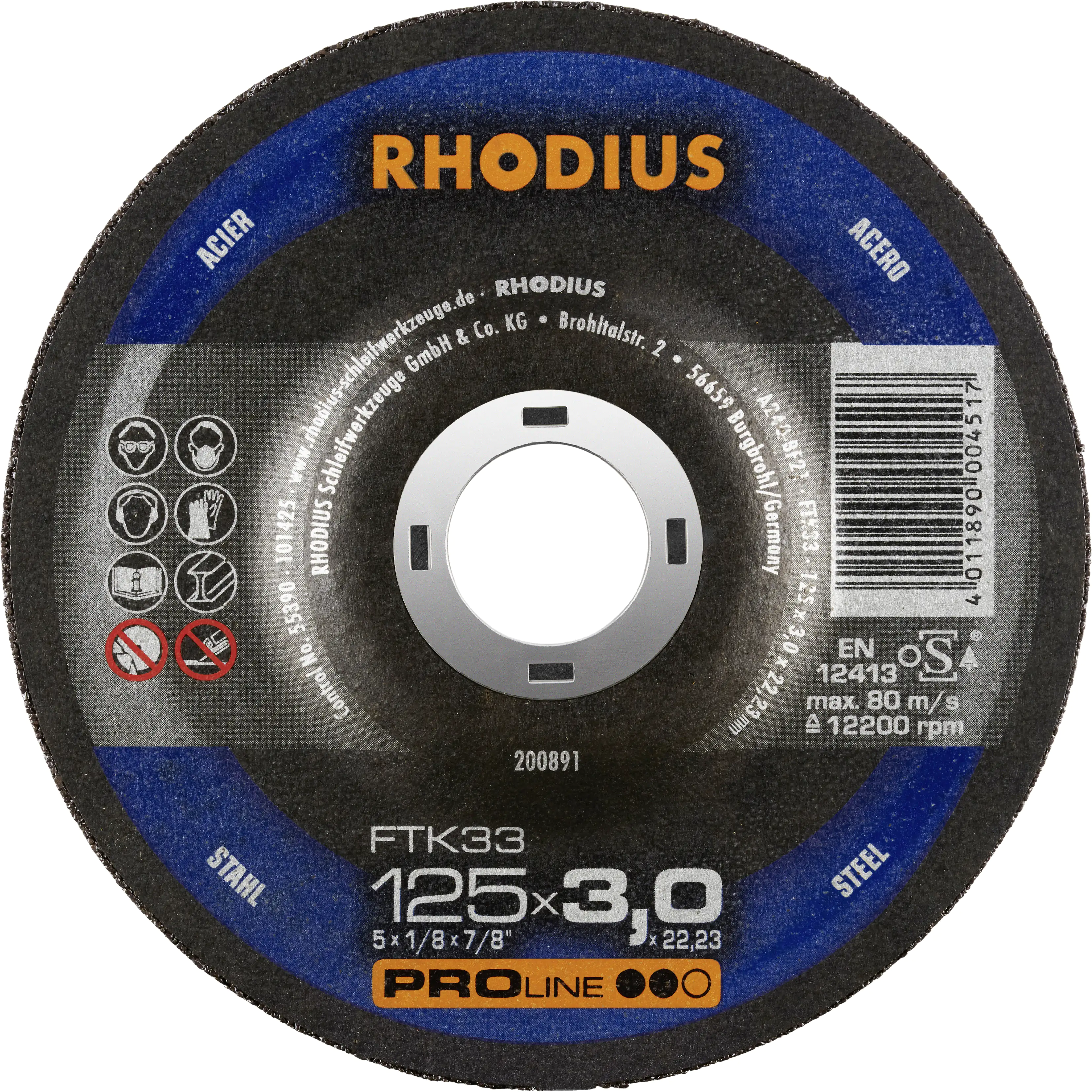 Rhodius Freihandtrennscheibe FTK33 Stahl Ø 125 mm Bohrung 22,23 mm