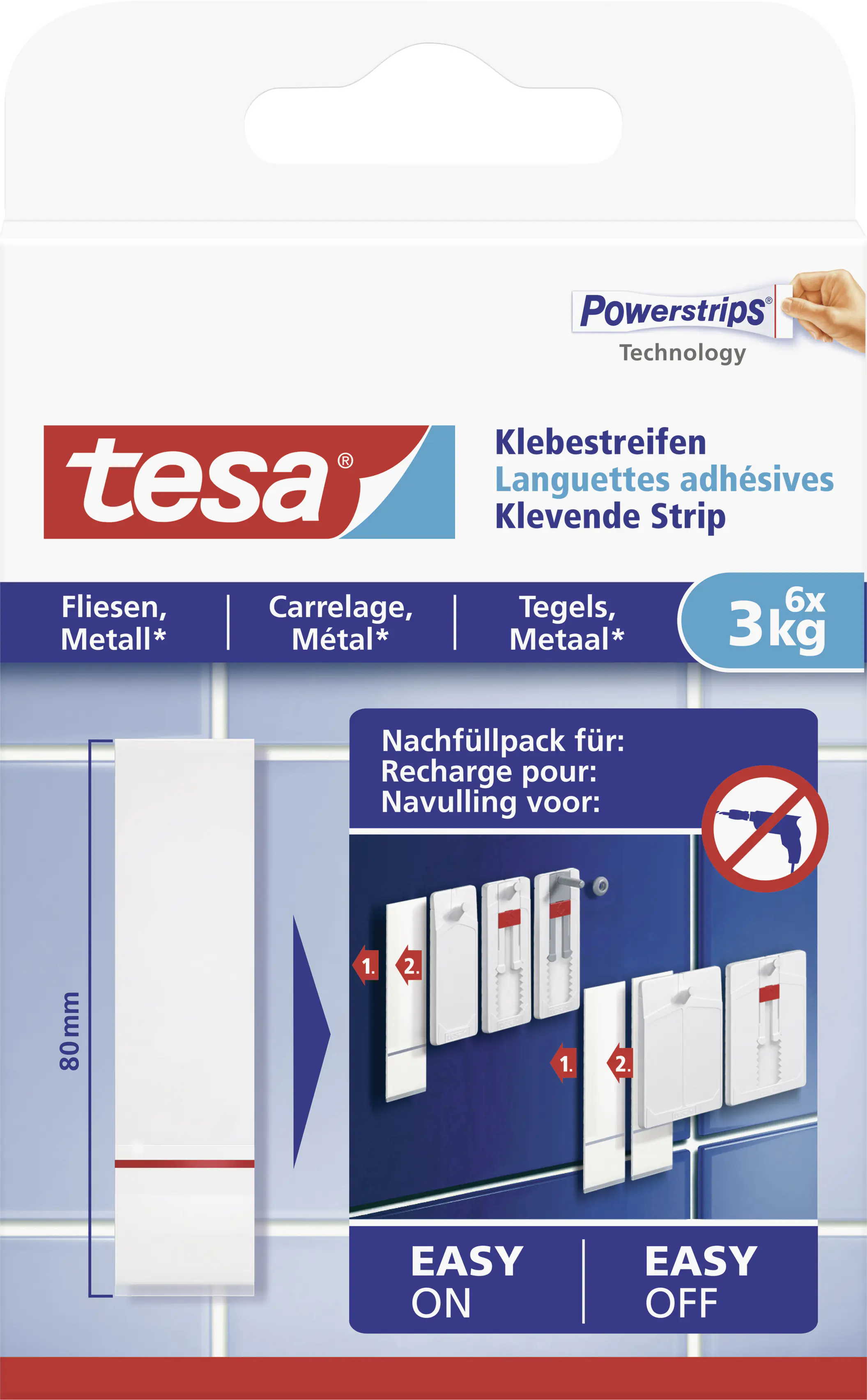 tesa Klebestreifen für Fliesen und Metall 6 Stück, Traglast 3 kg