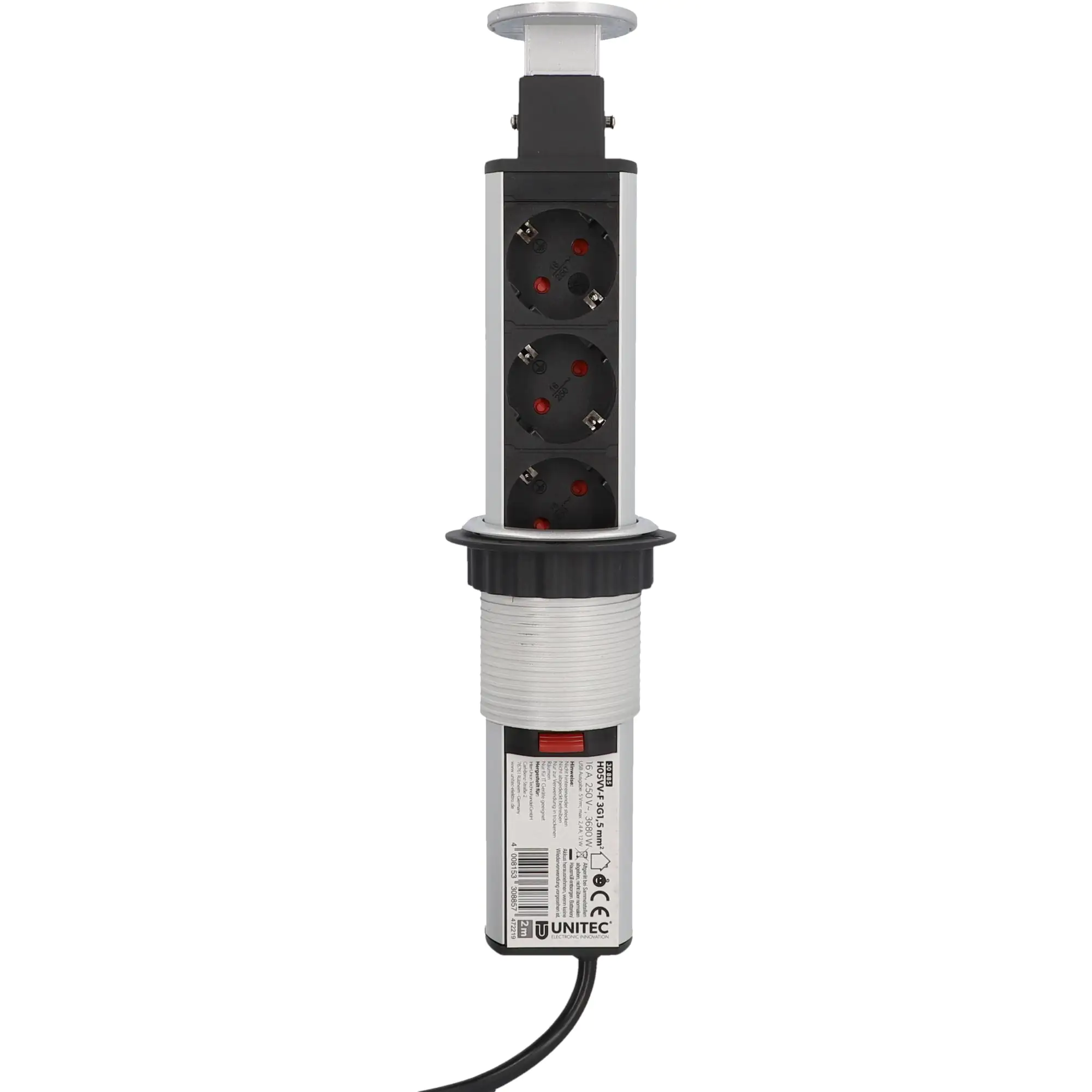 Unitec Einbausteckdosenleiste 3-fach 2m mit 2 x USB Tower, silber