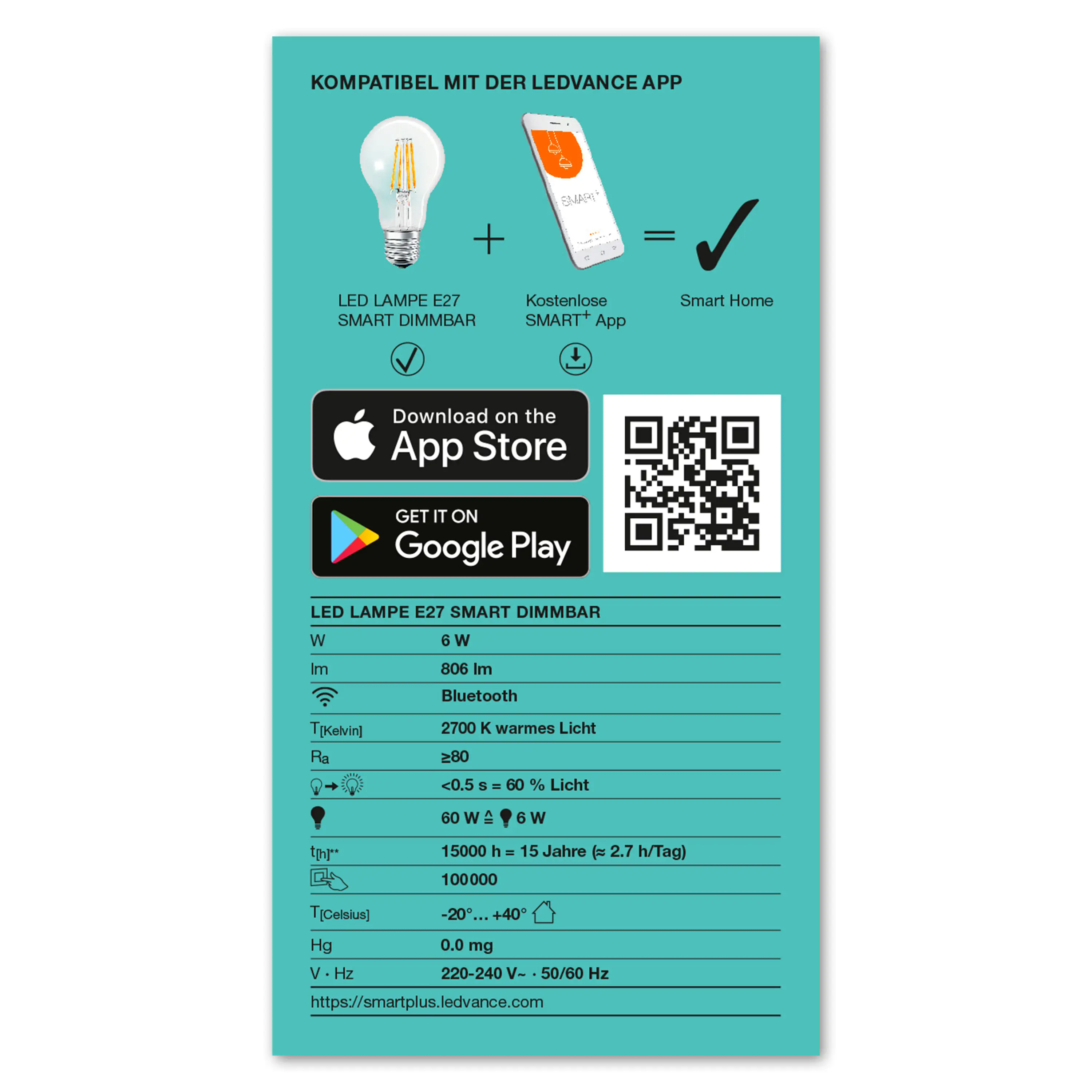 Ledvance Smart+ LED Leuchtmittel E27 Filament 6 W