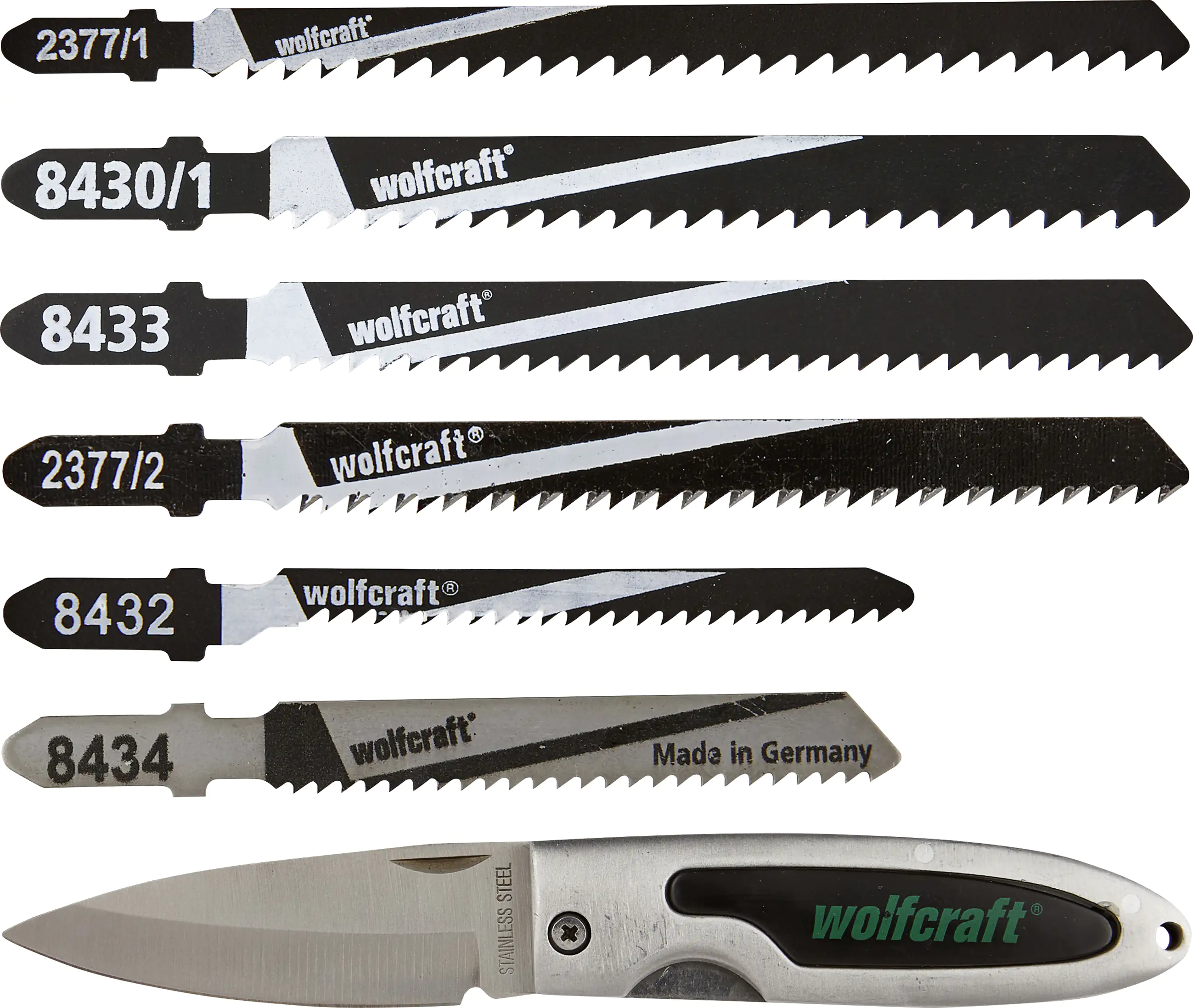 Wolfcraft Stichsägeblätter-Set mit Taschenmesser 11 Stück + Taschenmesser