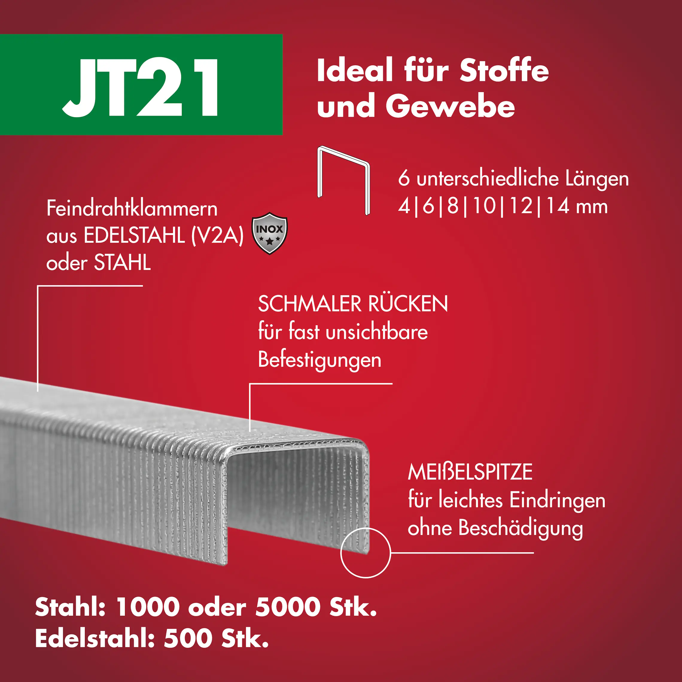 Arrow Tackerklammer Feindraht JT21 8 mm Stoff & Gewebe 1000 Stück