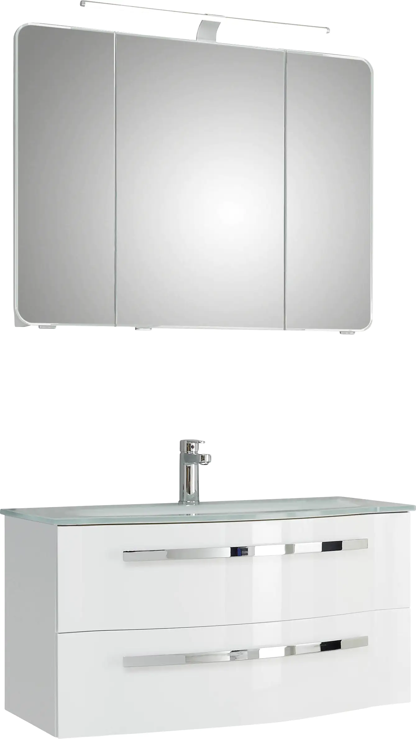 Pelipal Badmöbel-Set 4005 Lack polarweiß Hgl mit Glas-Waschtisch + LED-Leuchte 92 cm