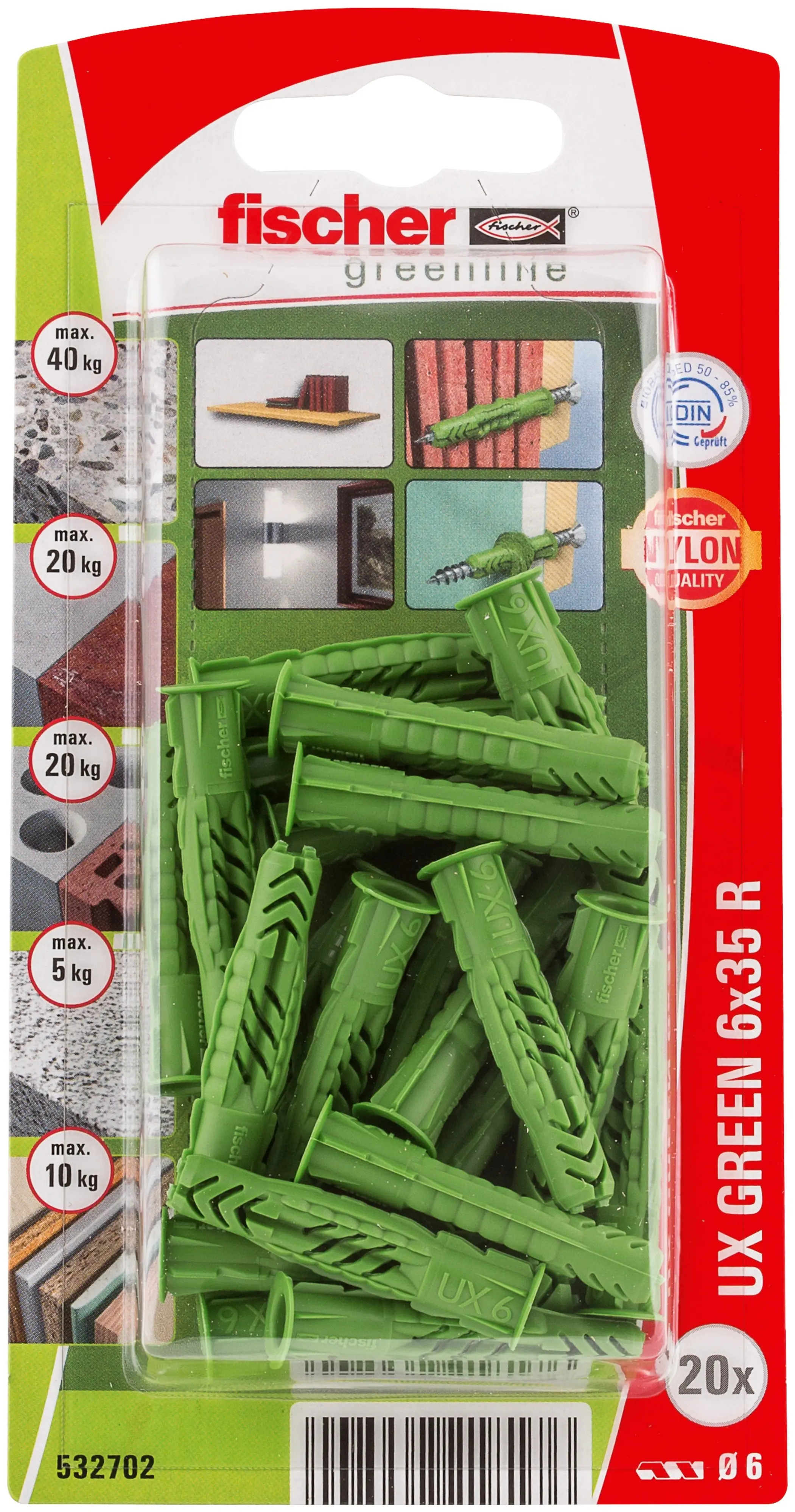 Fischer Universaldübel UX Green R 6 x 35 mm mit Rand - 20 Stück
