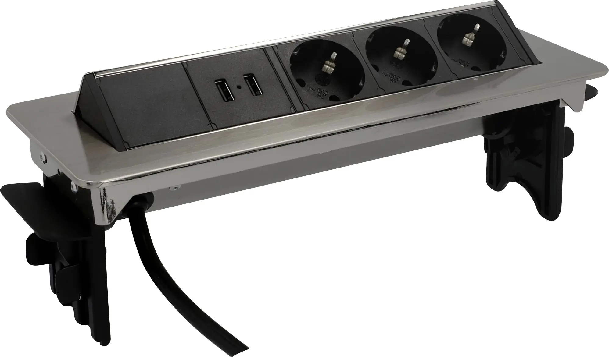 Unitec Einbausteckdosenleiste 3-fach 2m mit 2 x USB Anschlüssen, silber